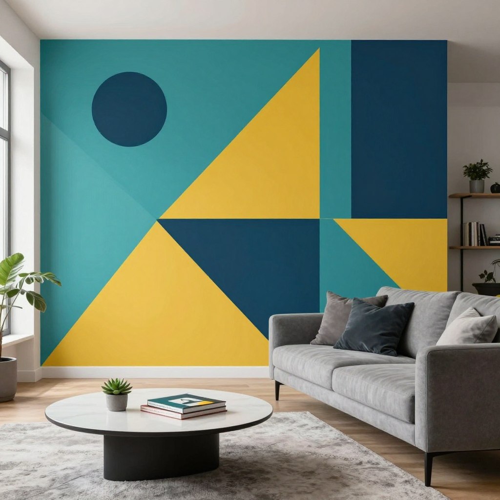 A stylish modern living room featuring a bold geometric accent wall. The foreground showcases a vibrant geometric mural with overlapping triangles and squares painted in shades of teal, mustard yellow, and deep navy. A sleek, minimalistic coffee table with a small succulent and a couple of contemporary art books complements the space. In the middle ground, a plush gray sofa with accent pillows sits invitingly on a soft area rug, emphasizing the room's coziness. Natural light pours in through a large window, creating a warm, inviting atmosphere. The background displays subtle indoor plants and a minimalistic bookshelf, enhancing the modern aesthetic. The image captures a harmonious blend of artistry and comfort, designed to inspire creativity and modern living. A stylish modern living room featuring a bold geometric accent wall. The foreground showcases a vibrant geometric mural with overlapping triangles and squares painted in shades of teal, mustard yellow, and deep navy. A sleek, minimalistic coffee table with a small succulent and a couple of contemporary art books complements the space. In the middle ground, a plush gray sofa with accent pillows sits invitingly on a soft area rug, emphasizing the room's coziness. Natural light pours in through a large window, creating a warm, inviting atmosphere. The background displays subtle indoor plants and a minimalistic bookshelf, enhancing the modern aesthetic. The image captures a harmonious blend of artistry and comfort, designed to inspire creativity and modern living.