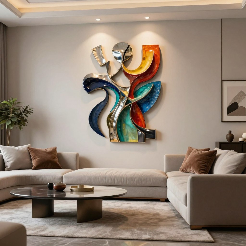 A stylish modern living room featuring a striking 3D wall sculpture as the focal point. The sculpture is abstract in design, composed of flowing lines and geometric shapes, crafted from polished metal and vibrant colored resin, casting intricate shadows. In the foreground, the sculpture is illuminated by soft, warm ambient lighting, highlighting its textures and contours. The middle ground showcases a contemporary sofa with plush cushions and a chic coffee table, while a sleek rug anchors the space. The background reveals a light, airy wall painted in a muted tone, accented by subtle decorative elements like framed art and indoor plants. The scene conveys an inviting and sophisticated atmosphere, perfect for a cozy yet stylish living room. A stylish modern living room featuring a striking 3D wall sculpture as the focal point. The sculpture is abstract in design, composed of flowing lines and geometric shapes, crafted from polished metal and vibrant colored resin, casting intricate shadows. In the foreground, the sculpture is illuminated by soft, warm ambient lighting, highlighting its textures and contours. The middle ground showcases a contemporary sofa with plush cushions and a chic coffee table, while a sleek rug anchors the space. The background reveals a light, airy wall painted in a muted tone, accented by subtle decorative elements like framed art and indoor plants. The scene conveys an inviting and sophisticated atmosphere, perfect for a cozy yet stylish living room.