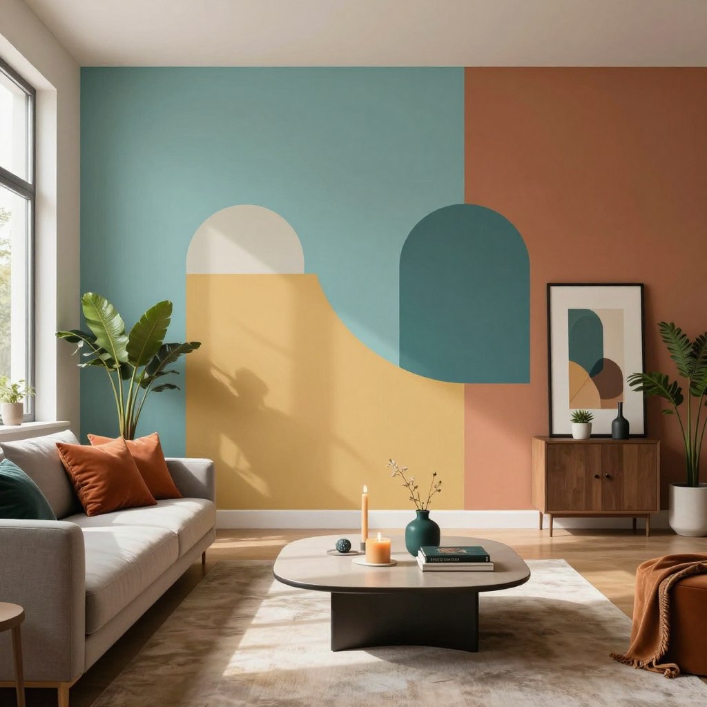 A stylish modern living room featuring an accent wall with a harmonious blend of colors, showcasing various shades like soothing teal, warm mustard, and earthy terracotta, arranged creatively to highlight the concept of color psychology. The foreground displays a cozy sofa adorned with vibrant throw pillows that complement the wall. In the middle, there's a sleek coffee table with decorative elements like candles and books, enhancing the ambience. Soft, natural light filters through large windows, creating inviting shadows and highlights. In the background, tasteful decor items like plants and art pieces add depth, reflecting a contemporary aesthetic. The overall mood is serene and inspirational, perfect for illustrating modern interior design principles. A stylish modern living room featuring an accent wall with a harmonious blend of colors, showcasing various shades like soothing teal, warm mustard, and earthy terracotta, arranged creatively to highlight the concept of color psychology. The foreground displays a cozy sofa adorned with vibrant throw pillows that complement the wall. In the middle, there's a sleek coffee table with decorative elements like candles and books, enhancing the ambience. Soft, natural light filters through large windows, creating inviting shadows and highlights. In the background, tasteful decor items like plants and art pieces add depth, reflecting a contemporary aesthetic. The overall mood is serene and inspirational, perfect for illustrating modern interior design principles.