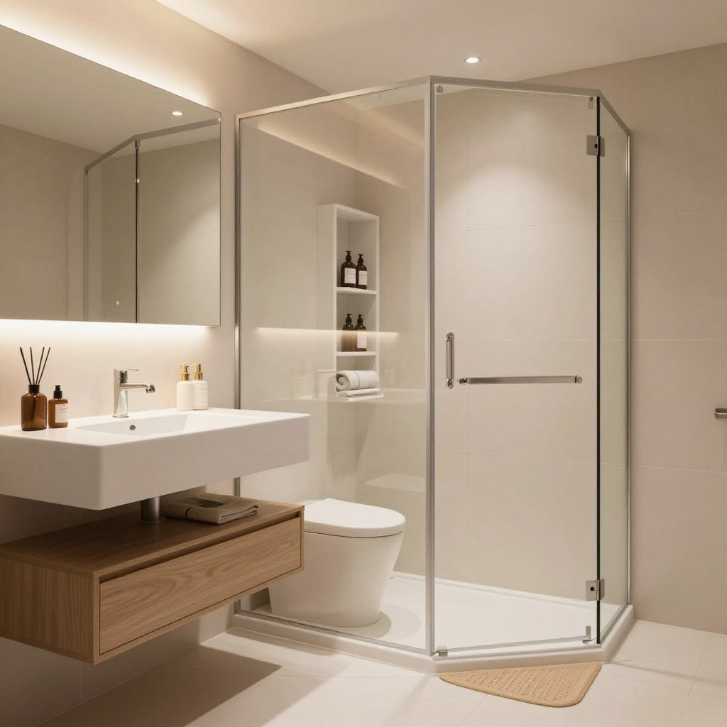 A stylish, modern small bathroom featuring innovative space-saving solutions. In the foreground, showcase a compact floating vanity with clever storage, integrated lighting, and chic decor, alongside a foldable shower bench. In the middle, a well-organized corner shower with clear glass panels and a vertical storage rack for toiletries. The background features light-colored tiles and a large mirror that enhances the sense of space, illuminated by soft, warm lighting that creates a welcoming atmosphere. The perspective should be from a slight angle to capture the layout effectively. The overall mood should be chic and functional, emphasizing smart design solutions for maximizing space in tiny bathrooms. A stylish, modern small bathroom featuring innovative space-saving solutions. In the foreground, showcase a compact floating vanity with clever storage, integrated lighting, and chic decor, alongside a foldable shower bench. In the middle, a well-organized corner shower with clear glass panels and a vertical storage rack for toiletries. The background features light-colored tiles and a large mirror that enhances the sense of space, illuminated by soft, warm lighting that creates a welcoming atmosphere. The perspective should be from a slight angle to capture the layout effectively. The overall mood should be chic and functional, emphasizing smart design solutions for maximizing space in tiny bathrooms.