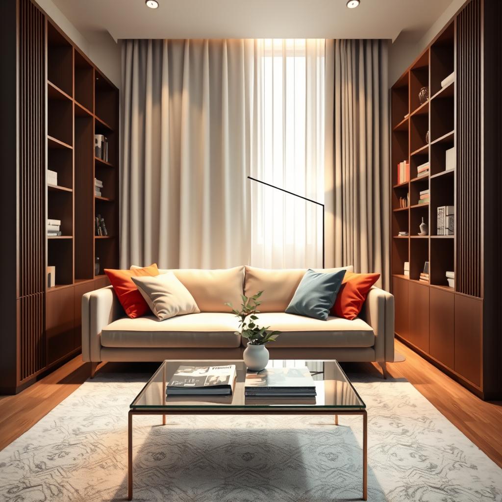 A stylish narrow living room featuring slim and tall furniture, designed for maximizing space efficiency. In the foreground, a sleek, minimalistic sofa with thin arms embraced by plush, colorful cushions, placed against a light-colored wall. On either side, elegant, tall bookshelves with vertical lines extending upward, adorned with well-placed decorative items. In the middle, a narrow coffee table with a glass top and slender legs, holding a few contemporary magazines and a small plant. The background showcases soft, ambient lighting from a floor lamp with a slender silhouette and neutral-toned curtains that gently diffuse light. This scene evokes a cozy yet sophisticated atmosphere, perfect for small living areas, captured from a slightly elevated angle to highlight the room's layout while maintaining a sense of depth.