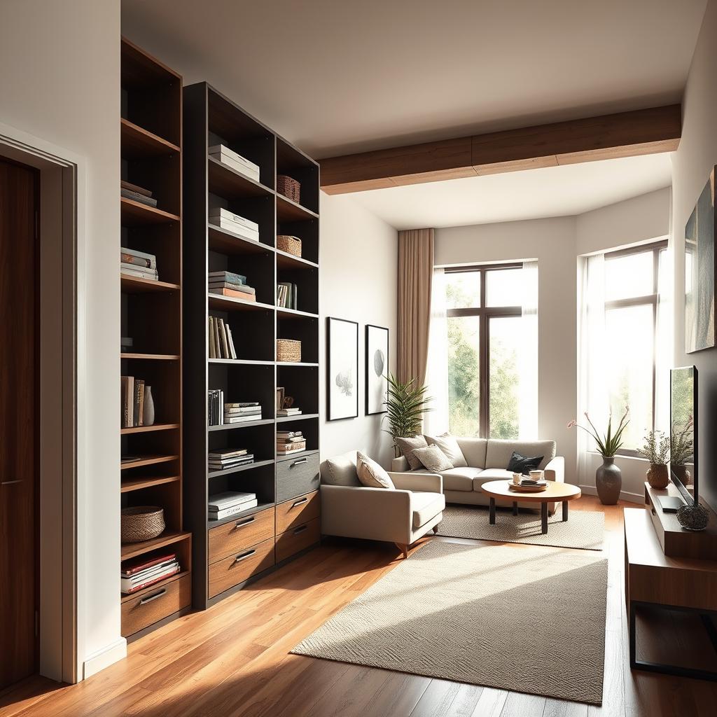 A stylish narrow living room showcasing smart storage solutions, featuring sleek vertical shelving units that maximize height and optimize space. In the foreground, include modern hidden compartments incorporated into furniture, seamlessly blending functionality with aesthetics. The middle layer reveals a cozy seating area with minimalist decor, ensuring the room appears spacious yet inviting. In the background, large windows let in natural light, creating a bright, airy atmosphere. Use a warm color palette with earthy tones and soft textures to enhance comfort. The lighting should be soft and diffused to create a relaxed mood. Capture the scene from a slightly elevated angle to provide a comprehensive view of the innovative storage design and the entire living space.