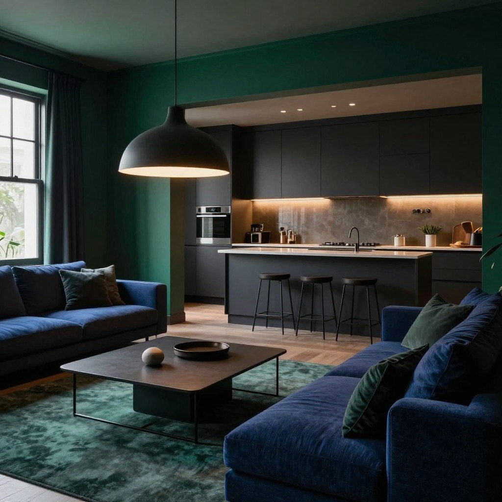 A stylish open-plan living area featuring moody, dramatic hues, focusing on deep navy blue and rich emerald green as dominant wall colors. In the foreground, a sleek, modern sofa upholstered in textured fabric, complemented by layered throws in darker shades. The middle of the scene showcases an elegant coffee table adorned with minimalistic decor, while an artistic pendant light casts warm, ambient lighting, creating inviting shadows. The background reveals a spacious kitchen with dark cabinetry and modern appliances, harmonizing with the overall color palette. The atmosphere is intimate and sophisticated, enhanced by soft window lighting illuminating the space. Capture this scene from a slightly elevated angle to emphasize the open layout and cohesive design. A stylish open-plan living area featuring moody, dramatic hues, focusing on deep navy blue and rich emerald green as dominant wall colors. In the foreground, a sleek, modern sofa upholstered in textured fabric, complemented by layered throws in darker shades. The middle of the scene showcases an elegant coffee table adorned with minimalistic decor, while an artistic pendant light casts warm, ambient lighting, creating inviting shadows. The background reveals a spacious kitchen with dark cabinetry and modern appliances, harmonizing with the overall color palette. The atmosphere is intimate and sophisticated, enhanced by soft window lighting illuminating the space. Capture this scene from a slightly elevated angle to emphasize the open layout and cohesive design.