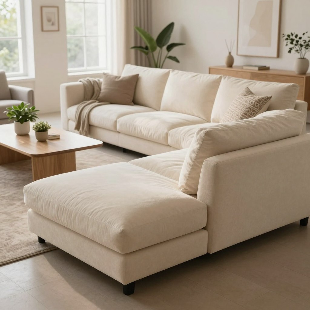 A stylish sectional sofa positioned in an open concept living room. In the foreground, the sectional features soft, cream-colored upholstery with plush cushions and a modern design. Show a cozy throw draped over one armrest and a decorative pillow on the seat. The middle ground includes a sleek coffee table with a few green plants and a light wood accent. The background showcases large windows allowing natural sunlight to flood the space, enhancing a warm and inviting atmosphere. Minimalist decor elements, such as wall art and a rug, complement the scene. Use soft, diffused lighting to create a calm, welcoming mood. The angle captures the sofa at a three-quarter view, emphasizing both the shape and layout ideas in relation to the room.