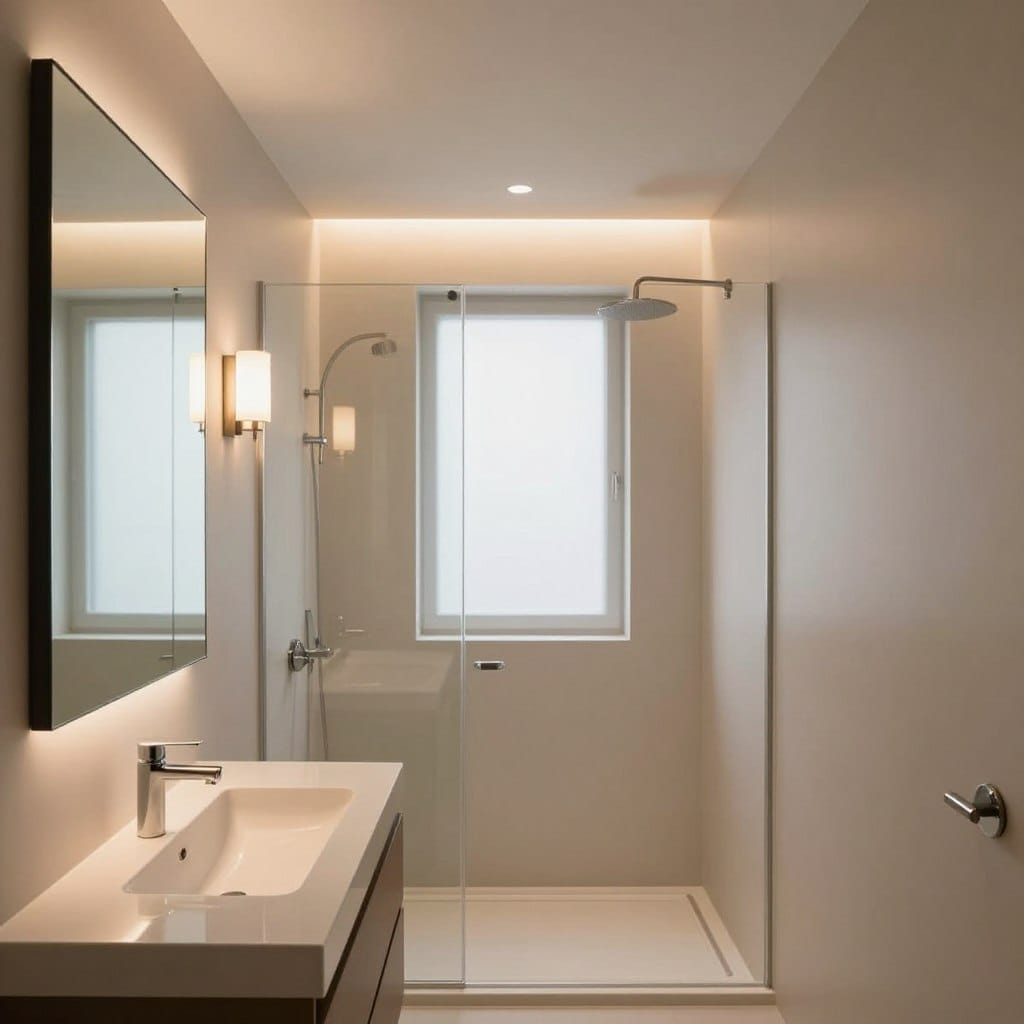 A stylish, small bathroom featuring layered lighting techniques to enhance the space. In the foreground, sleek, modern fixtures include a minimalist sink and a large, frameless mirror that reflects the ambient light. The middle ground showcases a tasteful shower area with built-in recessed LED lighting and delicate wall sconces that create a warm glow. The background features soft frosted glass windows allowing natural light to filter in, complemented by subtle overhead lighting that highlights the room's features. The overall atmosphere is inviting and cozy, with neutral color tones and elegant accents. The image captures the essence of smart lighting design, focusing on enhancing a compact space while maintaining a sense of style and sophistication. Apply a wide-angle lens perspective to provide a comprehensive view of the lighting layers.