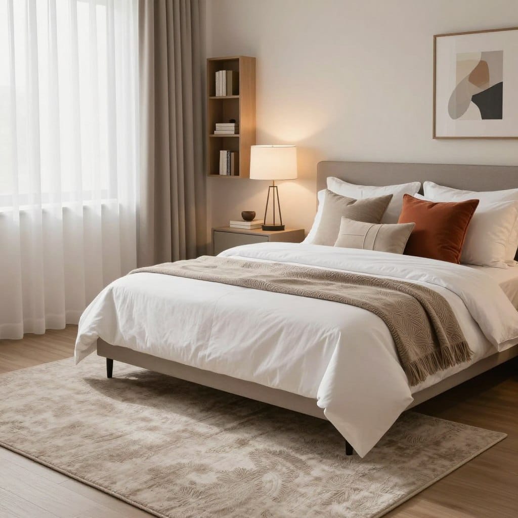 A stylish small bedroom decor, featuring a cozy and inviting atmosphere. In the foreground, a plush area rug with a soft texture in neutral tones, enhancing warmth. The middle showcases an elegantly arranged bed with crisp white linens, accented by colorful throw pillows and a stylish bedspread. A chic bedside table with a modern lamp and a few decorative items completes the scene. In the background, soft lighting bathes the room in a warm glow, with light filtering through sheer curtains. A minimalistic bookshelf and abstract wall art provide visual interest, creating an illusion of spaciousness. The overall ambiance is tranquil and sophisticated, evoking the comfort of a luxury hotel retreat. The scene is captured from a slightly elevated angle, emphasizing the harmonious design and careful arrangement of the decor.