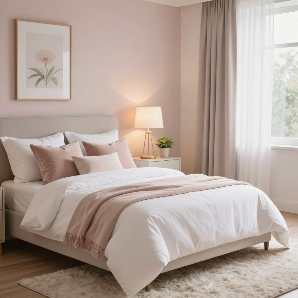 A stylish small bedroom showcasing a cozy, luxury retreat atmosphere. In the foreground, a high-quality double bed with plush white linens and an elegant throw blanket in soft pastels. Decorative pillows are artfully arranged, complementing a plush area rug underneath. The middle ground features a chic bedside table adorned with a contemporary lamp emitting warm, ambient light and a small potted plant for a touch of greenery. In the background, soft pastel-colored walls are complemented by tasteful artwork and elegant curtains that allow gentle natural light to filter in. The space feels open yet intimate, capturing a serene and inviting atmosphere, enhanced by a soft-focus lens effect. The scene evokes relaxation and sophistication, ideal for transforming small master bedrooms into luxurious retreats.