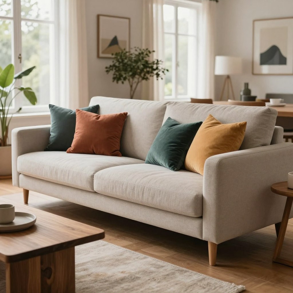 A stylish sofa designed for an open concept living room, featuring a modern, sleek silhouette with soft, neutral fabric and elegant stitching. The sofa is adorned with an array of plush, colorful throw pillows for a pop of personality. In the foreground, a beautifully crafted wooden coffee table complements the sofa’s design. In the background, large windows allow warm, natural light to fill the space, enhancing the inviting atmosphere. The room is decorated with minimalistic art pieces and greenery for a fresh, contemporary look. The shot is framed at eye level to capture the sofa's details, with a shallow depth of field to subtly blur the background while keeping the focus sharp on the sofa. The overall mood is cozy and stylish, perfect for an open living environment.