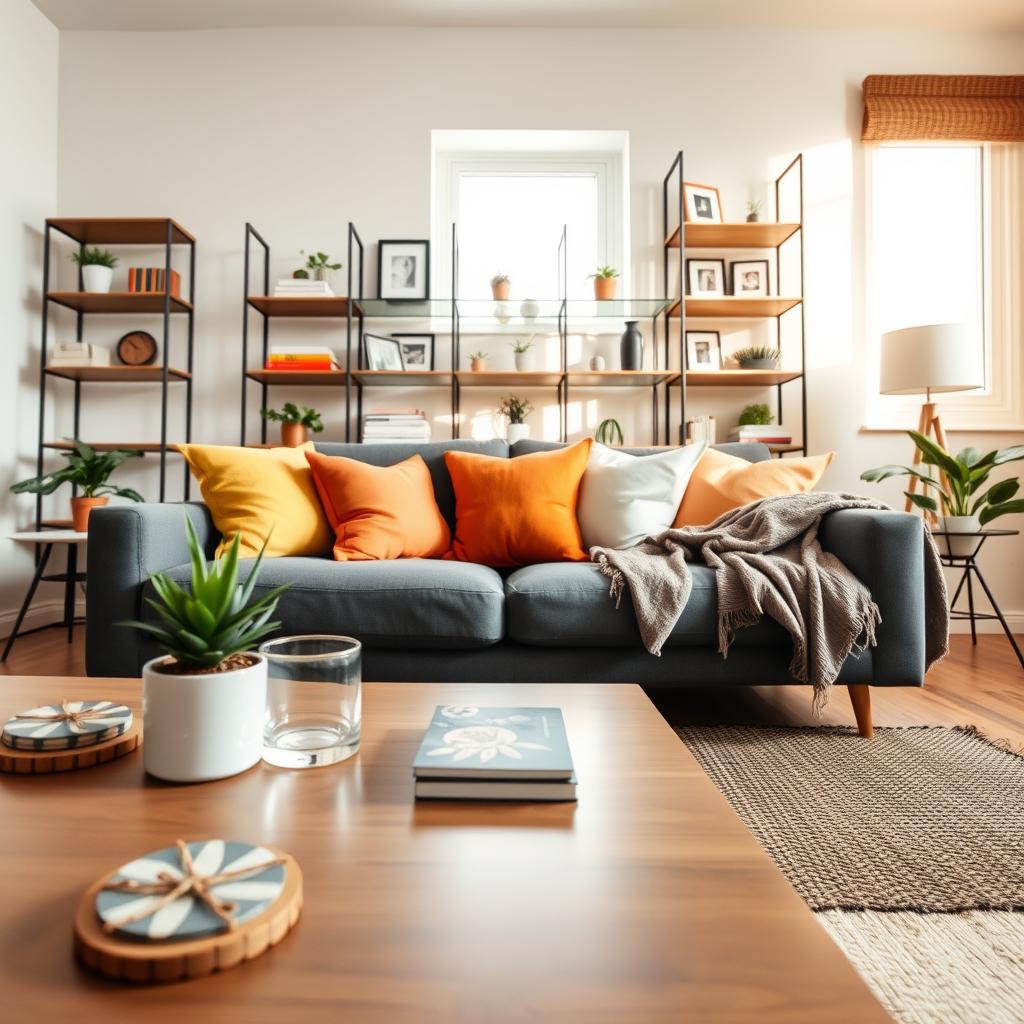A stylish, tidy living room showcasing practical budget hacks for organization. In the foreground, a well-organized coffee table displays decorative coasters and a small potted plant, emphasizing minimalism and elegance. In the middle, a comfortable sofa adorned with colorful cushions blends perfectly with an aesthetically pleasing throw blanket draped carelessly but neatly. A clever shelving unit in the background features neatly arranged books, small plants, and framed photographs, demonstrating the use of space. The room is softly lit with warm, natural light streaming through a window, creating a welcoming atmosphere. Use a wide-angle lens perspective to capture the full essence of the room, suggesting tranquility and sophistication on a budget. The mood is inviting and polished, perfect for modern living.