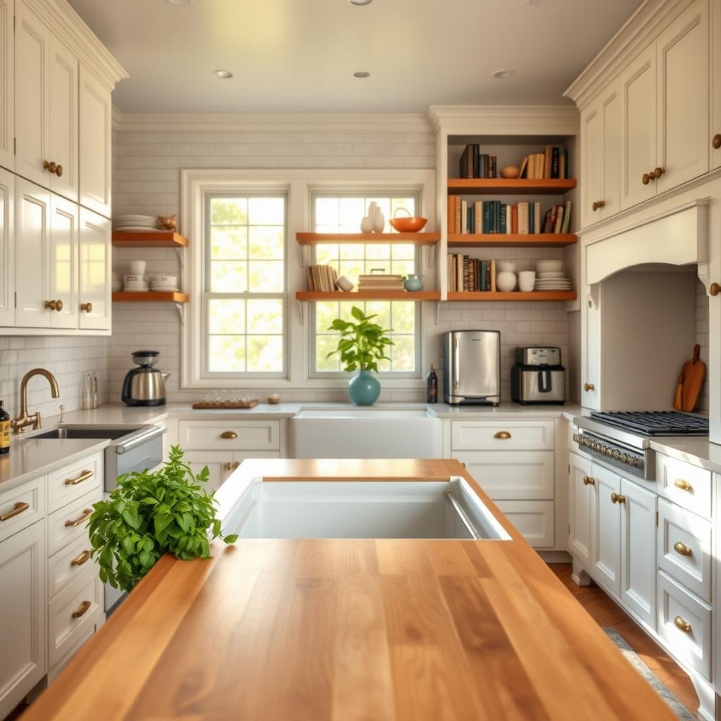 A timeless kitchen design that embodies elegance and functionality, featuring classic white cabinetry with brass hardware, a large farmhouse sink, and a spacious marble countertop. In the foreground, a wooden butcher block island showcases fresh herbs and kitchen utensils. The middle ground displays a harmonious arrangement of vintage appliances and open shelving filled with cookbooks and dishware. The background is illuminated by warm, natural light streaming through a large window, highlighting a potted plant on the sill. The atmosphere is inviting and peaceful, with soft shadows lending depth and character to the scene. The perspective captures the entire kitchen, inviting viewers to appreciate its balance of contemporary convenience and classic charm. A timeless kitchen design that embodies elegance and functionality, featuring classic white cabinetry with brass hardware, a large farmhouse sink, and a spacious marble countertop. In the foreground, a wooden butcher block island showcases fresh herbs and kitchen utensils. The middle ground displays a harmonious arrangement of vintage appliances and open shelving filled with cookbooks and dishware. The background is illuminated by warm, natural light streaming through a large window, highlighting a potted plant on the sill. The atmosphere is inviting and peaceful, with soft shadows lending depth and character to the scene. The perspective captures the entire kitchen, inviting viewers to appreciate its balance of contemporary convenience and classic charm.