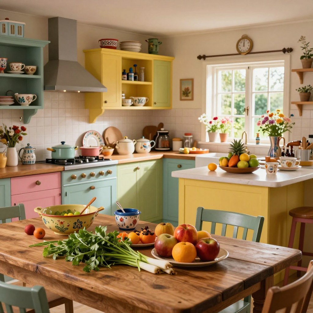 A uniquely styled kitchen, bursting with whimsical charm, showcasing a blend of vibrant colors and playful elements. In the foreground, a rustic wooden table filled with fresh herbs, colorful fruits, and quirky kitchen gadgets. The middle ground features a cozy, open kitchen layout with mismatched cabinets painted in bright pastels, vintage dishware adorned with whimsical patterns, and a charming island topped with a whimsical fruit centerpiece. The background reveals a window with soft, natural light streaming in, illuminating a garden view filled with flowers and greenery. The atmosphere radiates a sense of creativity and joy, inviting viewers into a culinary wonderland, enhanced by warm, inviting lighting that casts a soft glow throughout the space. Ideal for a magical and enchanting cooking experience. A uniquely styled kitchen, bursting with whimsical charm, showcasing a blend of vibrant colors and playful elements. In the foreground, a rustic wooden table filled with fresh herbs, colorful fruits, and quirky kitchen gadgets. The middle ground features a cozy, open kitchen layout with mismatched cabinets painted in bright pastels, vintage dishware adorned with whimsical patterns, and a charming island topped with a whimsical fruit centerpiece. The background reveals a window with soft, natural light streaming in, illuminating a garden view filled with flowers and greenery. The atmosphere radiates a sense of creativity and joy, inviting viewers into a culinary wonderland, enhanced by warm, inviting lighting that casts a soft glow throughout the space. Ideal for a magical and enchanting cooking experience.
