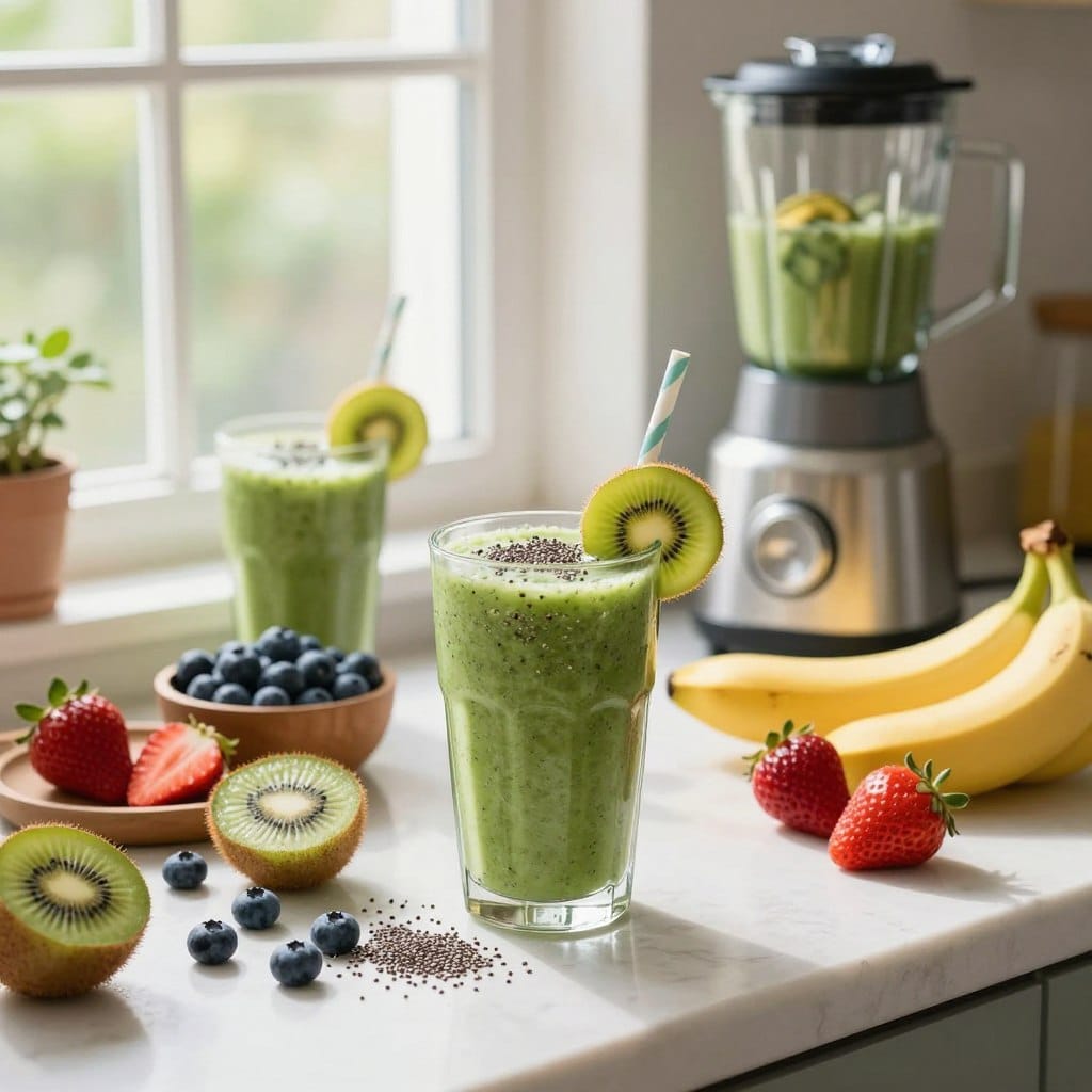 A vibrant and inviting kitchen counter showcasing an array of colorful ingredients for the best anti-aging smoothies. In the foreground, a beautifully styled glass filled with a green smoothie topped with slices of kiwi and a sprinkle of chia seeds. Beside it, fresh fruits like blueberries, strawberries, and a banana, along with an elegant blender, all arranged artfully. The background features a sunlit window with soft greenery visible outside, creating a warm and uplifting atmosphere. Soft, natural lighting illuminates the scene, highlighting the textures of the fruits and the smoothness of the smoothies. The angle is slightly elevated, capturing the refreshing essence of morning radiance, creating a sense of health and vitality.