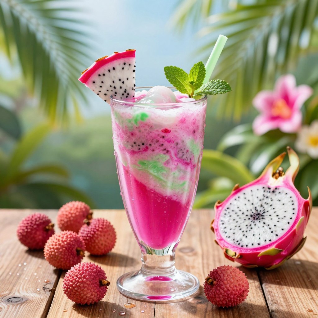 A vibrant and refreshing Dragon Fruit and Lychee Paradise Smoothie, beautifully presented in a tall, clear glass adorned with a slice of dragon fruit and a sprig of mint on top. The smoothie is a swirling mix of bright pink, creamy white, and hints of green, showcasing the exotic ingredients. In the foreground, the glass is placed on a rustic wooden table, droplets of condensation glistening on the surface. In the middle ground, fresh lychees with their textured pink rinds and sliced dragon fruit are artistically scattered around the glass, adding to the tropical allure. The background features a soft-focus, sunlit tropical garden, with palm leaves and flowers enhancing the summery vibe. The lighting is bright and cheerful, evoking a refreshing and inviting atmosphere perfect for summer parties.