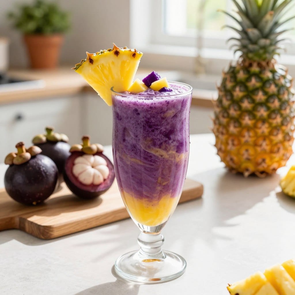 A vibrant and refreshing "Mangosteen and Pineapple Fusion Smoothie" displayed prominently in the foreground of a sunlit kitchen setting. The smoothie, swirled in a tall, clear glass, showcases a rich purple hue from the mangosteen and bright yellow from the pineapple, topped with a slice of fresh pineapple and a few mangosteen segments for garnish. In the middle ground, a wooden cutting board features whole mangosteens and ripe pineapple, hinting at the smoothie’s ingredients. The background features blurred kitchen elements like potted herbs and soft morning light streaming through a window, creating a warm and inviting atmosphere. Capture the scene with a slight overhead angle, using natural lighting to highlight the colors and textures, evoking the essence of a perfect summer party beverage.