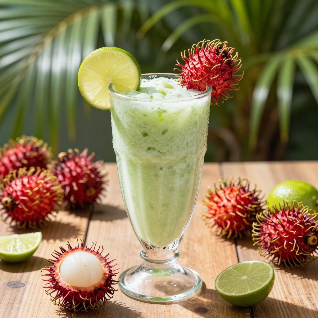 A vibrant and refreshing Rambutan and Lime Smoothie sits in a tall, clear glass, surrounded by fresh rambutan fruits with their distinctive hairy red skin and green lime slices. The smoothie itself is a creamy, pale green hue, showcasing flecks of the rambutan's white flesh and lime zest. In the foreground, a chilled glass with condensation glistens under bright, natural sunlight, highlighting the refreshing nature of the drink. The middle ground features a wooden table and scattered lime halves, while the background showcases a blurred tropical setting with green palm leaves. The overall mood is summery and inviting, evoking a feeling of freshness and a taste of exotic paradise. The lighting is bright and cheerful, captured from a slightly elevated angle for a dynamic view.
