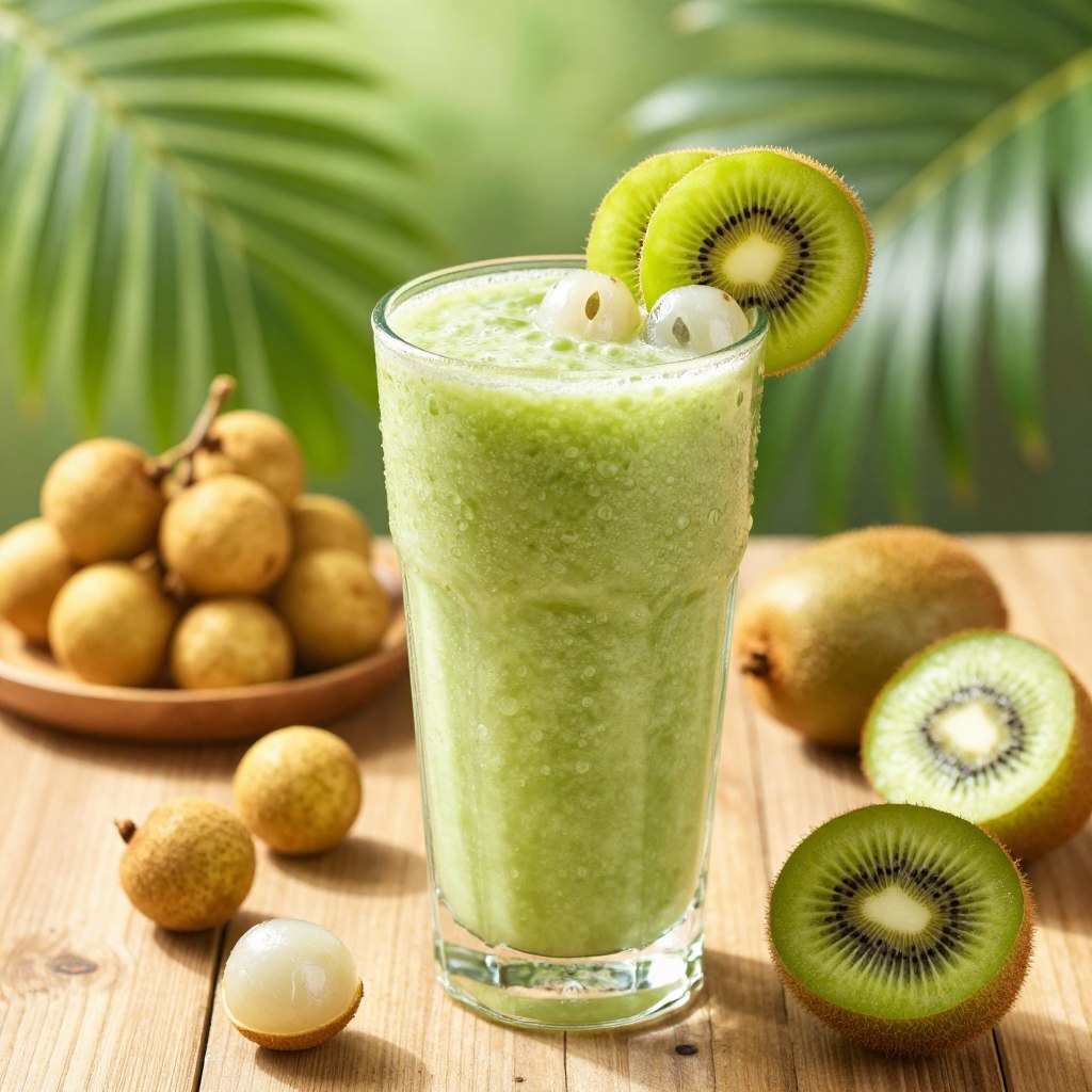 A vibrant and refreshing exotic blend smoothie featuring longan and kiwi as the star ingredients. In the foreground, a tall, clear glass filled with a creamy green smoothie, topped with slices of kiwi and a few whole longans for garnish. The smoothie is glistening, with droplets of condensation on the glass. In the middle ground, a wooden table is adorned with fresh longan fruit and whole kiwis. In the background, lush green tropical leaves create a sunny, refreshing atmosphere. Soft, warm natural light filters through, enhancing the colors and creating a lively summer vibe. The angle of the shot is slightly above eye level, emphasizing the smoothie’s texture and vibrant color. The overall mood should evoke a sense of tropical paradise and summer refreshment.