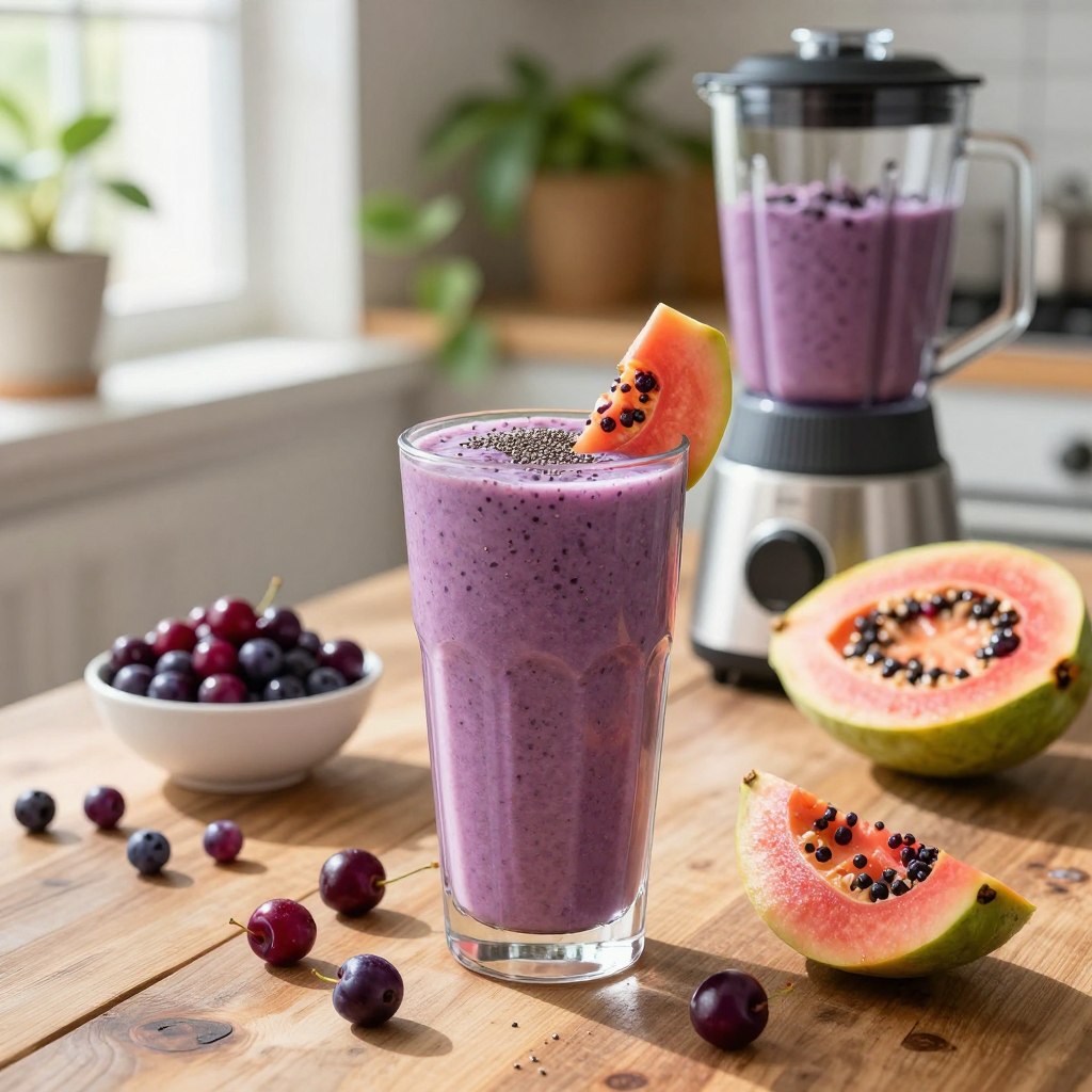 A vibrant, antioxidant-rich smoothie featuring cherimoya and acai berries as the focal point. In the foreground, a tall, clear glass filled to the brim with a creamy, purple smoothie adorned with a slice of fresh cherimoya and a sprinkle of chia seeds on top. Around the glass, scattered acai berries and cherimoya slices add pops of color. In the middle ground, a rustic wooden table setting includes a small bowl of more acai berries and cherimoya, alongside a shiny blender filled with the smoothie’s ingredients. The background features a sunlit kitchen with green plants and light streaming in from a window, creating a warm and inviting atmosphere. The image is shot in natural light, capturing the textures and colors with a soft focus, evoking a refreshing and healthy summer vibe.