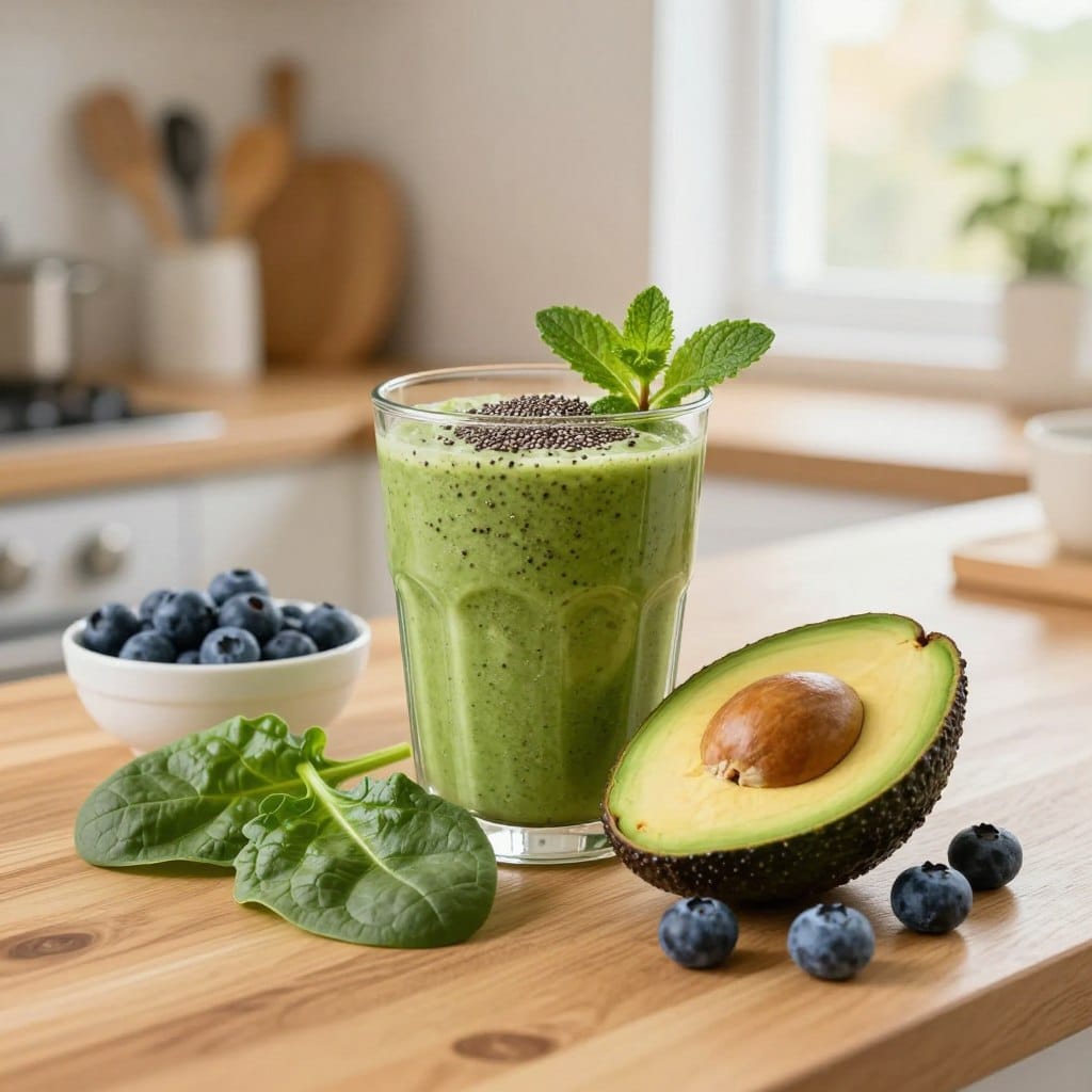 A vibrant arrangement of anti-aging smoothie ingredients artfully displayed on a clean, wooden kitchen countertop. In the foreground, focus on a bright green spinach leaf, a ripe avocado cut in half showcasing its creamy interior, and a handful of blueberries spilling from a small bowl. The middle ground features a glass filled with a lush green smoothie, topped with chia seeds and a sprig of mint. In the background, softly blurred, there are a few kitchen utensils and a window letting in warm, natural light that creates a welcoming atmosphere. Shoot with a shallow depth of field to emphasize the freshness of the ingredients, conveying a sense of health and vitality perfect for enhancing beauty and wellness. The overall mood should be inviting and energizing.