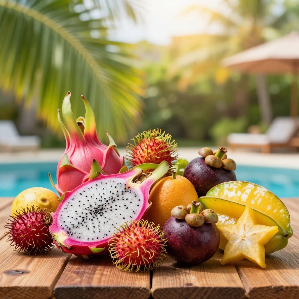 A vibrant arrangement of exotic fruits, including dragon fruit, rambutan, mangosteen, and starfruit, artistically displayed on a rustic wooden table. In the foreground, glossy, colorful fruits are arranged in a way that highlights their unique textures and shapes. The middle should show a tropical backdrop with lush green leaves gently illuminated by warm, soft sunlight. In the background, there could be hints of an outdoor summer environment, like a sunny garden or poolside setting, creating an inviting atmosphere. The overall mood is fresh and vibrant, evoking a sense of summer fun. The image should be captured with a shallow depth of field using macro lens effects to emphasize the details of the fruits while softly blurring the background.