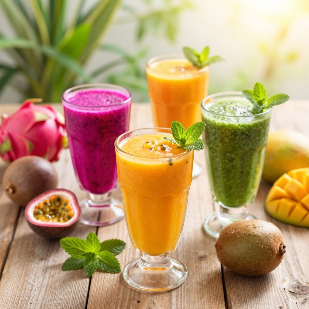 A vibrant assortment of exotic fruit smoothies displayed in clear glass cups on a rustic wooden table. In the foreground, focus on three smoothies: one bright pink smoothie made with dragon fruit, one deep orange smoothie with mango and passion fruit, and a green smoothie featuring kiwi and spinach. In the middle ground, add a few whole fruits scattered around, such as fresh passion fruits, dragon fruits, and mangoes, along with sprigs of mint for garnish. The background should be softly blurred, featuring lush green plants and a bright, sunny ambiance. Use warm, natural lighting to create a cheerful and inviting atmosphere. Capture the scene from a slightly elevated angle to emphasize the textures and colors of the smoothies, evoking a sense of summer celebration and freshness.