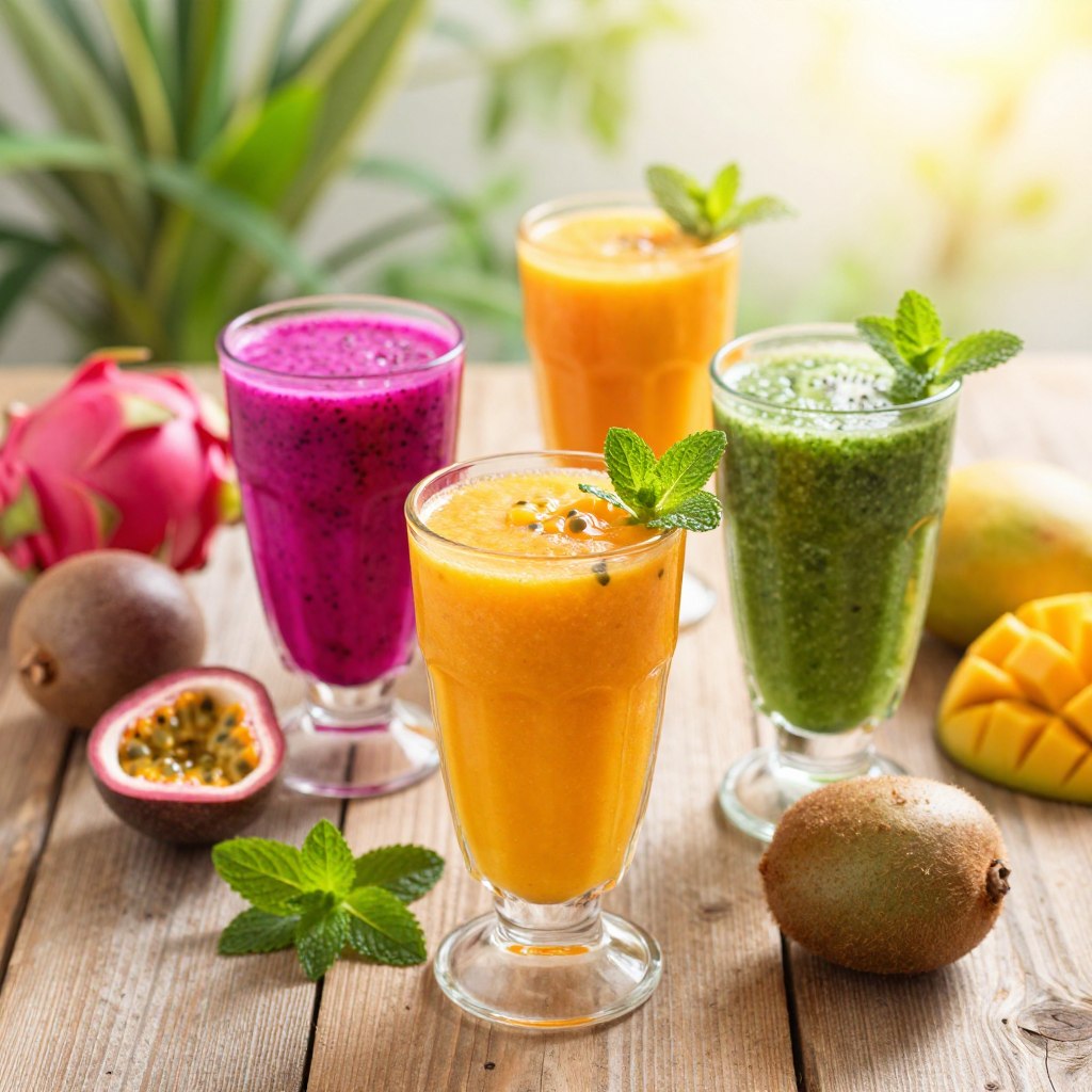 A vibrant assortment of exotic fruit smoothies displayed in clear glass cups on a rustic wooden table. In the foreground, focus on three smoothies: one bright pink smoothie made with dragon fruit, one deep orange smoothie with mango and passion fruit, and a green smoothie featuring kiwi and spinach. In the middle ground, add a few whole fruits scattered around, such as fresh passion fruits, dragon fruits, and mangoes, along with sprigs of mint for garnish. The background should be softly blurred, featuring lush green plants and a bright, sunny ambiance. Use warm, natural lighting to create a cheerful and inviting atmosphere. Capture the scene from a slightly elevated angle to emphasize the textures and colors of the smoothies, evoking a sense of summer celebration and freshness.