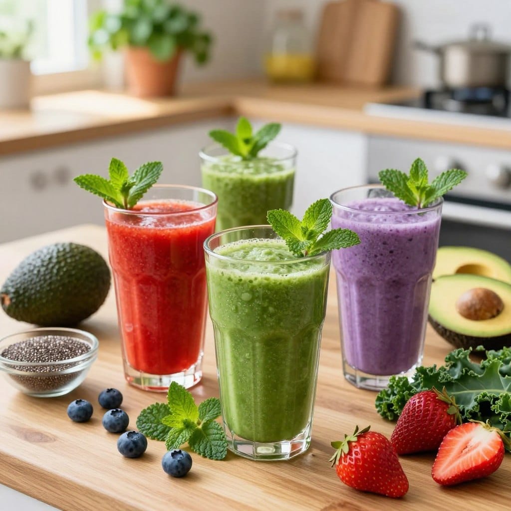 A vibrant display of anti-aging smoothies, showcasing a variety of colorful ingredients. In the foreground, several tall, clear glasses filled with rich green, bright red, and soft purple smoothies, garnished with fresh mint and sliced fruits like blueberries and strawberries. The middle ground features a wooden table adorned with ripe avocados, kale leaves, and a small bowl of chia seeds. In the background, a softly lit kitchen setting with potted herbs and sunlight streaming through a window creates a warm, inviting atmosphere. The scene is captured with a slight overhead angle, emphasizing the freshness and vitality of the ingredients, evoking a mood of health and rejuvenation. Bright, natural lighting enhances the vibrant colors and textures of the smoothies.