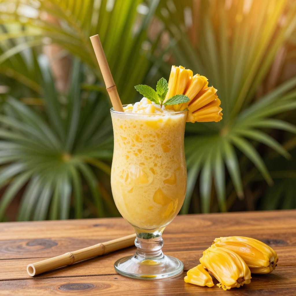 A vibrant jackfruit smoothie in a clear glass, decorated with a slice of fresh jackfruit and a sprig of mint on top. The smoothie has a creamy yellow hue, showcasing the rich texture of jackfruit blended with coconut cream. In the foreground, a bamboo straw is placed in the glass, and a wooden table surface adds warmth. In the middle, a blurred tropical background filled with lush green palm leaves and hints of golden sunlight filtering through, creating a warm and inviting atmosphere. The overall lighting is soft and natural, reminiscent of a sunny summer day. The composition is shot from a slightly elevated angle to capture the smoothie and background harmoniously. The scene conveys a refreshing and relaxed mood, perfect for summer gatherings.