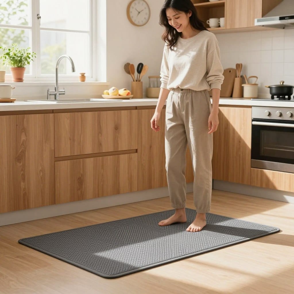 A vibrant kitchen scene showcasing an anti-fatigue kitchen mat being tested. In the foreground, a woman dressed in modest casual clothing stands on the mat, demonstrating comfort and stability. Her expression shows satisfaction, emphasizing the mat's effectiveness. The middle layer features a sleek, modern kitchen with wooden cabinets, a countertop adorned with cooking utensils, and a well-lit space that enhances the ambiance. Soft, natural light filters in through a window, creating a warm, inviting atmosphere. In the background, subtle elements like potted herbs on the windowsill and a wall clock suggest functionality and tranquility. The angle is slightly elevated, capturing both the mat and the kitchen's design aspects. Overall, the mood is cheerful and practical, illustrating the importance of comfort in kitchen settings.