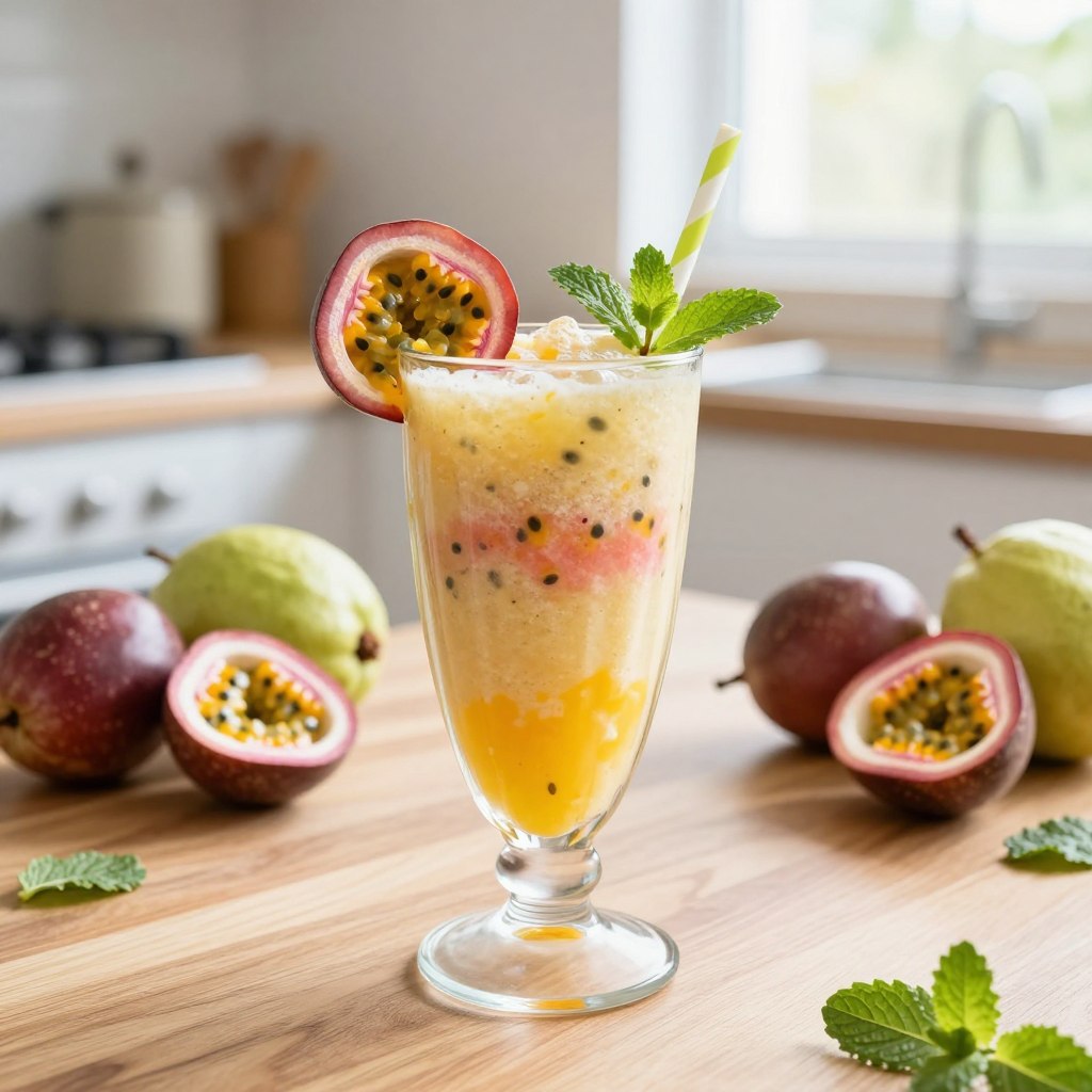 A vibrant, refreshing passion fruit and guava smoothie in a tall glass, garnished with a slice of passion fruit and a sprig of mint. The foreground features the smoothie, with a creamy texture and flecks of yellow and pink blending together, creating a tropical delight. In the middle, a wooden table adds a natural touch, with scattered exotic fruits like whole passion fruits and guavas surrounding the glass. The background showcases a bright kitchen with sunlight filtering through a window, enhancing the freshness of the scene. The mood is cheerful and inviting, perfect for summer. Capture this with soft natural lighting, a slight focus on the foreground smoothie, and a gentle bokeh effect in the background for depth.