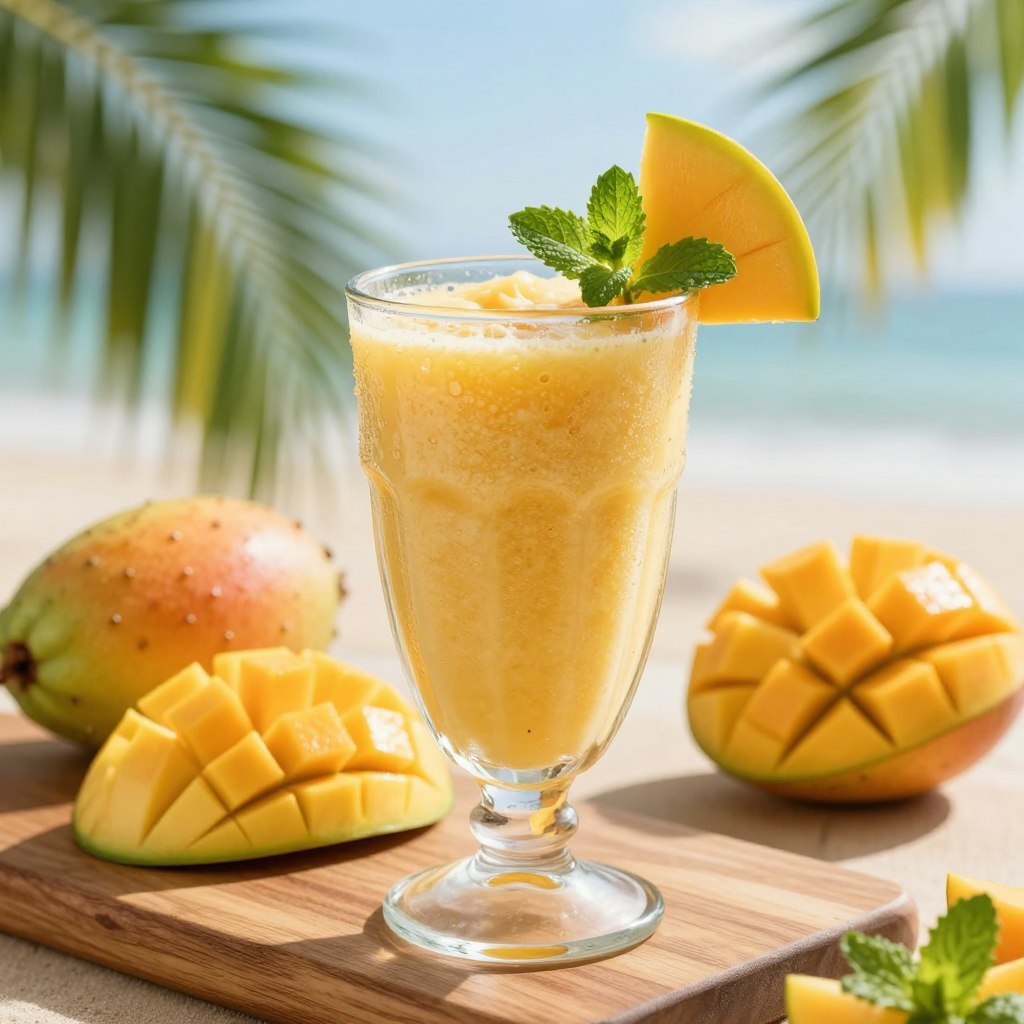 A vibrant tropical fusion smoothie comprised of soursop and ripe mango, elegantly blended to showcase a creamy, luscious texture. The foreground features the smoothie in a frosty glass, adorned with a slice of mango and a sprig of mint for garnish, with droplets of condensation on the glass. The middle layer includes fresh soursop pieces and mango chunks, artfully arranged on a wooden cutting board, reflecting the vivid colors of tropical fruits. The background softly blurs with lush green palm leaves and hints of a sunny beach, creating a warm, inviting atmosphere. Soft, natural light enhances the refreshing appeal, while a shallow depth of field focuses on the smoothie, delivering a cheerful and summery vibe perfect for showcasing an exotic recipe.