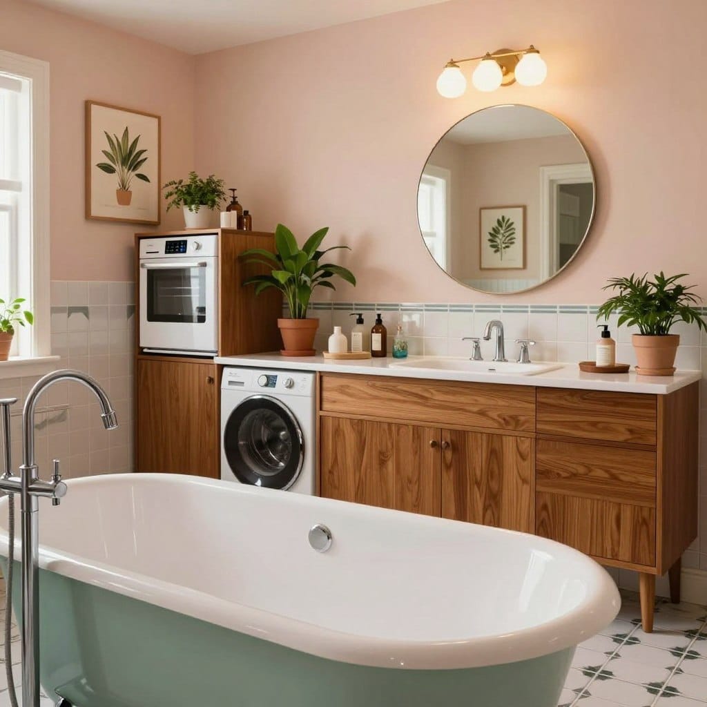 A vintage bathroom design, inspired by mid-century modern aesthetics. The foreground features a classic freestanding bathtub in a soothing pastel color, complemented by sleek chrome fixtures. Surrounding the tub, mid-century wooden cabinetry houses integrated smart appliances, blending retro design with modern technology. In the middle ground, elegant ceramic tiles with geometric patterns and a stylish round mirror reflect soft, diffused lighting from a vintage-inspired light fixture overhead. The background showcases pastel-colored walls adorned with framed botanical prints, while lush potted plants add a touch of nature. The scene conveys a harmonious blend of nostalgia and contemporary convenience, creating a warm and inviting atmosphere. The entire composition is viewed at a slightly elevated angle, capturing both luxury and practicality in the revival of mid-century design.