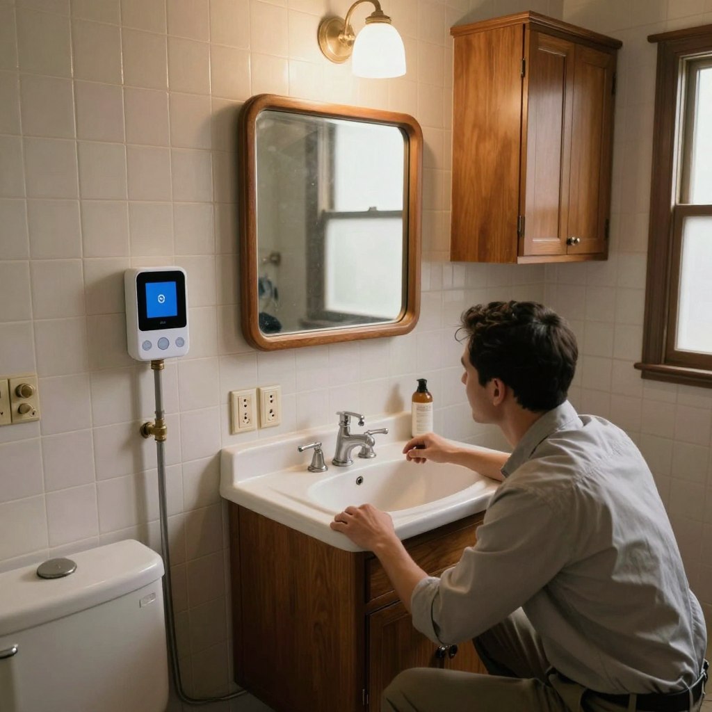 A vintage mid-century bathroom with classic fixtures, showcasing installation challenges when integrating modern smart appliances. In the foreground, a professional technician in business casual attire examines a wall where traditional plumbing meets sleek smart technology. The middle ground highlights an open vanity with retro-style mirrors and outdated outlets, illustrating the contrast between old and new. The background features the bathroom's vintage tiles and wooden cabinetry, softly illuminated by natural light filtering through a frosted window. The atmosphere is a blend of nostalgia and modernity, evoking a sense of innovation while respecting the charm of the older home. Use a warm color palette to enhance the cozy, inviting feel of the space, and capture it with a slight high-angle view to encompass the entire scene effectively. A vintage mid-century bathroom with classic fixtures, showcasing installation challenges when integrating modern smart appliances. In the foreground, a professional technician in business casual attire examines a wall where traditional plumbing meets sleek smart technology. The middle ground highlights an open vanity with retro-style mirrors and outdated outlets, illustrating the contrast between old and new. The background features the bathroom's vintage tiles and wooden cabinetry, softly illuminated by natural light filtering through a frosted window. The atmosphere is a blend of nostalgia and modernity, evoking a sense of innovation while respecting the charm of the older home. Use a warm color palette to enhance the cozy, inviting feel of the space, and capture it with a slight high-angle view to encompass the entire scene effectively.