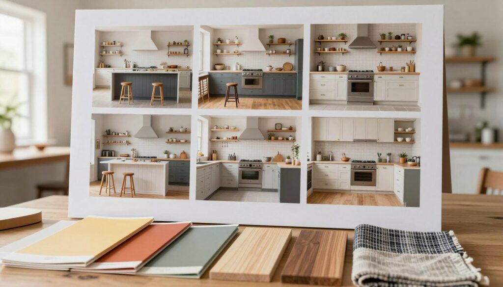 A visually appealing unfitted kitchen inspiration board, featuring a collage of collected images showcasing various styles of unfitted kitchens. In the foreground, vibrant swatches of paint, wood samples, and fabric textures neatly arranged. The middle layer displays high-quality photographs of diverse unfitted kitchens, highlighting rustic charm, modern minimalism, and eclectic designs. Each kitchen showcases unique elements like open shelving, mismatched cabinetry, and creative layouts. In the background, a soft-filtered light enhances the warmth and inviting atmosphere, mimicking natural daylight streaming in through a window. The overall mood is inspiring and creative, encouraging viewers to envision a personalized kitchen space. The composition is well-balanced, with a slight angle for depth, emphasizing the artistic arrangement of the inspiration board.