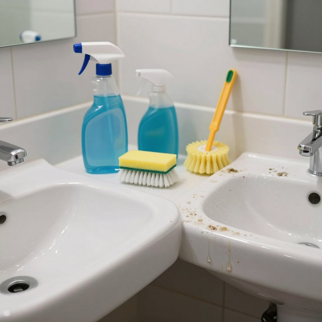 A visually striking comparison of a clean and dirty bathroom, emphasizing the effectiveness of a medical-grade cleaning hack. In the foreground, showcase both sides of a bathroom sink area: one half gleaming with pristine fixtures, spotless surfaces, and sparkling tiles; the other half cluttered and grimy with water stains, soap scum, and visible dirt. In the middle ground, include cleaning supplies, such as spray bottles and scrub brushes, contrasting sleek, modern designs with traditional, less effective tools. The background should feature soft, diffused lighting that emphasizes cleanliness and creates a calm atmosphere. The angle should be slightly elevated, capturing the entirety of the sink area while drawing focus to the dramatic differences in cleanliness. Aim for an overall professional and inviting mood that reflects the importance of effective bathroom cleaning. A visually striking comparison of a clean and dirty bathroom, emphasizing the effectiveness of a medical-grade cleaning hack. In the foreground, showcase both sides of a bathroom sink area: one half gleaming with pristine fixtures, spotless surfaces, and sparkling tiles; the other half cluttered and grimy with water stains, soap scum, and visible dirt. In the middle ground, include cleaning supplies, such as spray bottles and scrub brushes, contrasting sleek, modern designs with traditional, less effective tools. The background should feature soft, diffused lighting that emphasizes cleanliness and creates a calm atmosphere. The angle should be slightly elevated, capturing the entirety of the sink area while drawing focus to the dramatic differences in cleanliness. Aim for an overall professional and inviting mood that reflects the importance of effective bathroom cleaning.