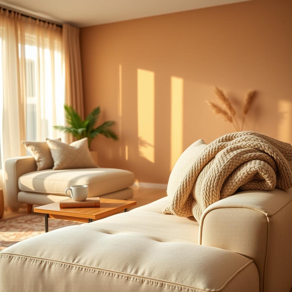 A warm, inviting living room showcasing a cozy color palette. In the foreground, a plush, oversized sofa in soft beige with patterned throw pillows invites relaxation. A chunky knit throw drapes over one armrest, adding texture. The middle layer features a wooden coffee table adorned with a steaming mug, a small potted plant, and a stack of well-loved books. In the background, soft golden light filters through sheer curtains, illuminating a wall painted in soothing earth tones. A large area rug in warm hues anchors the space, complementing the cream-colored walls. The overall atmosphere is serene and welcoming, with natural elements like indoor greenery and wooden accents. The composition captures a sense of comfort, perfect for escaping the bustle of everyday life.