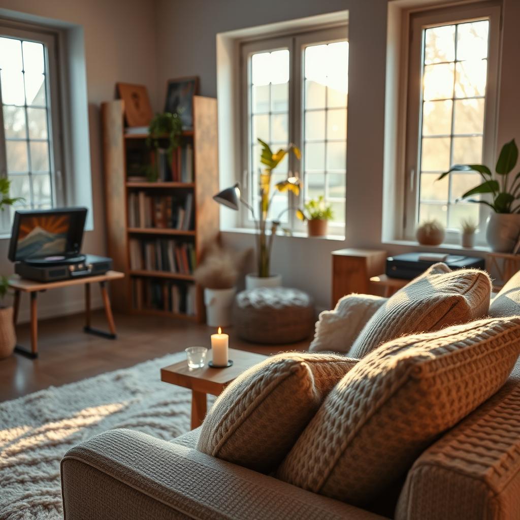 A warmly lit living room, designed to create a cozy atmosphere. In the foreground, a soft, textured sofa adorned with plush, knitted pillows and a woven blanket, alongside a small, inviting wooden coffee table holding a steaming cup of tea and a scented candle. In the middle ground, a plush area rug anchors the space, while a bookshelf filled with books and plants adds character. A record player softly spinning vinyl records emits gentle sound waves, adding a sense of tranquility. In the background, large windows allow soft, golden sunlight to filter in, illuminating the room. The mood is relaxing and inviting, with warm tones and a touch of greenery, creating an ideal sanctuary for comfort and serenity.