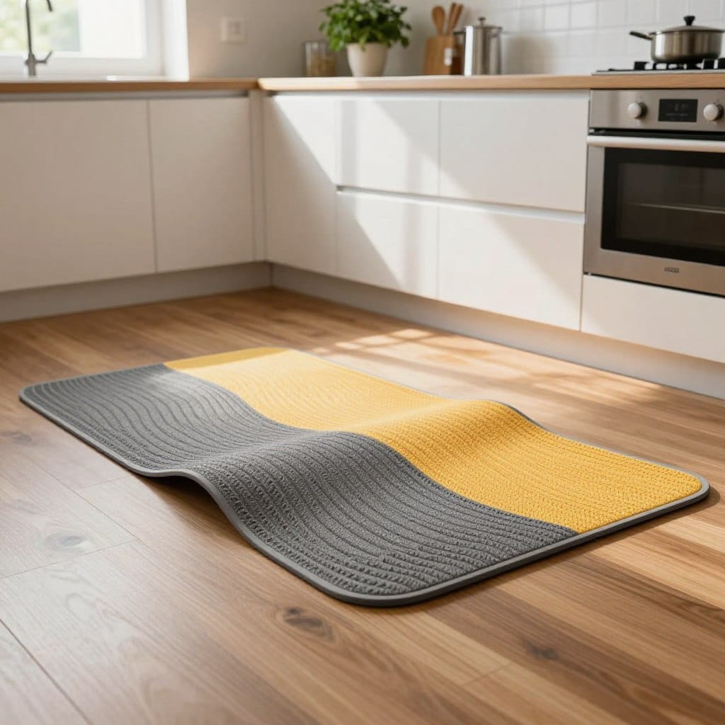 A well-designed anti-fatigue mat prominently displayed in a modern kitchen. In the foreground, the mat features a textured surface with ergonomic curves and a vibrant color blend that complements the kitchen decor. The middle section includes a polished wooden floor and contemporary cabinetry showcasing a clean, functional environment. In the background, soft natural light streams in through a window, casting gentle shadows that enhance the mat's contours. A potted herb sits on the counter, adding a touch of life to the scene. The overall atmosphere conveys comfort and utility, highlighting the mat's role in reducing fatigue while cooking or standing for long periods. The image is shot from a slight angle to showcase the mat’s thickness and design effectively.