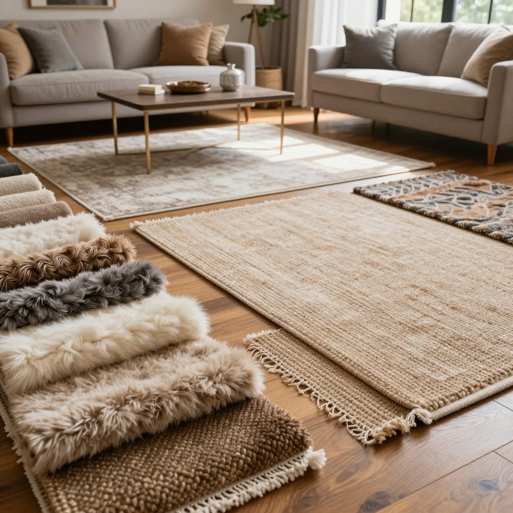 A well-lit, aesthetically pleasing display of various rug material options arranged artistically on a polished wooden floor. In the foreground, feature close-up samples of plush wool, durable jute, elegant silk, and contemporary synthetic fibers, showing their textures and colors vividly. In the middle ground, an inviting living room setting showcases these rugs under soft ambient lighting, with a stylish sofa and an elegant coffee table to enhance the atmosphere. The background features a large window allowing natural light to pour in, casting gentle shadows that highlight the textures of the rugs. The overall mood is warm and homely, emphasizing comfort and style, inviting homeowners to consider how these materials fit their lifestyle needs. A well-lit, aesthetically pleasing display of various rug material options arranged artistically on a polished wooden floor. In the foreground, feature close-up samples of plush wool, durable jute, elegant silk, and contemporary synthetic fibers, showing their textures and colors vividly. In the middle ground, an inviting living room setting showcases these rugs under soft ambient lighting, with a stylish sofa and an elegant coffee table to enhance the atmosphere. The background features a large window allowing natural light to pour in, casting gentle shadows that highlight the textures of the rugs. The overall mood is warm and homely, emphasizing comfort and style, inviting homeowners to consider how these materials fit their lifestyle needs.