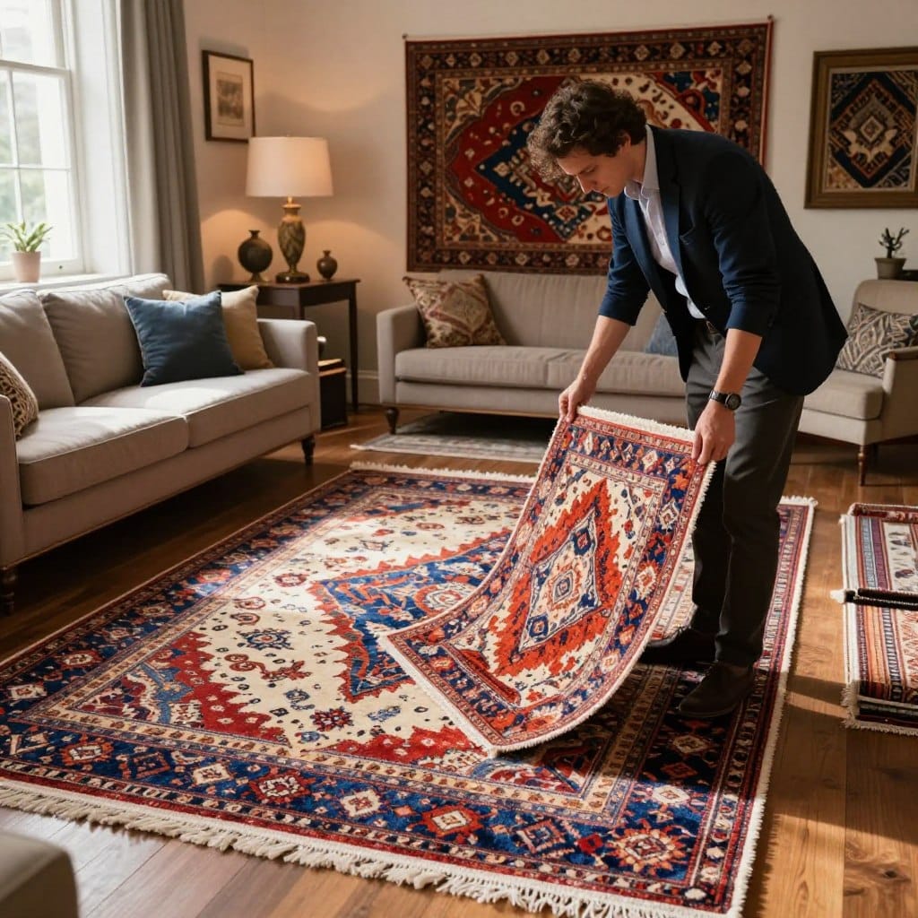 A well-lit interior room showcasing a luxurious living room rug evaluation scene. In the foreground, a professional-looking individual dressed in smart casual attire inspects a vibrant, high-quality rug, examining its texture and weave. In the middle ground, various rugs of different sizes and materials are neatly displayed, illustrating the diversity of choices. The background features elegant furniture, soft ambient lighting, and tasteful decor that enhances the cozy atmosphere of a living room. Natural light filters through a window, creating soft shadows and highlights, emphasizing the details of the rugs. The mood is focused and sophisticated, ideal for conveying the importance of quality evaluation before purchasing a rug.