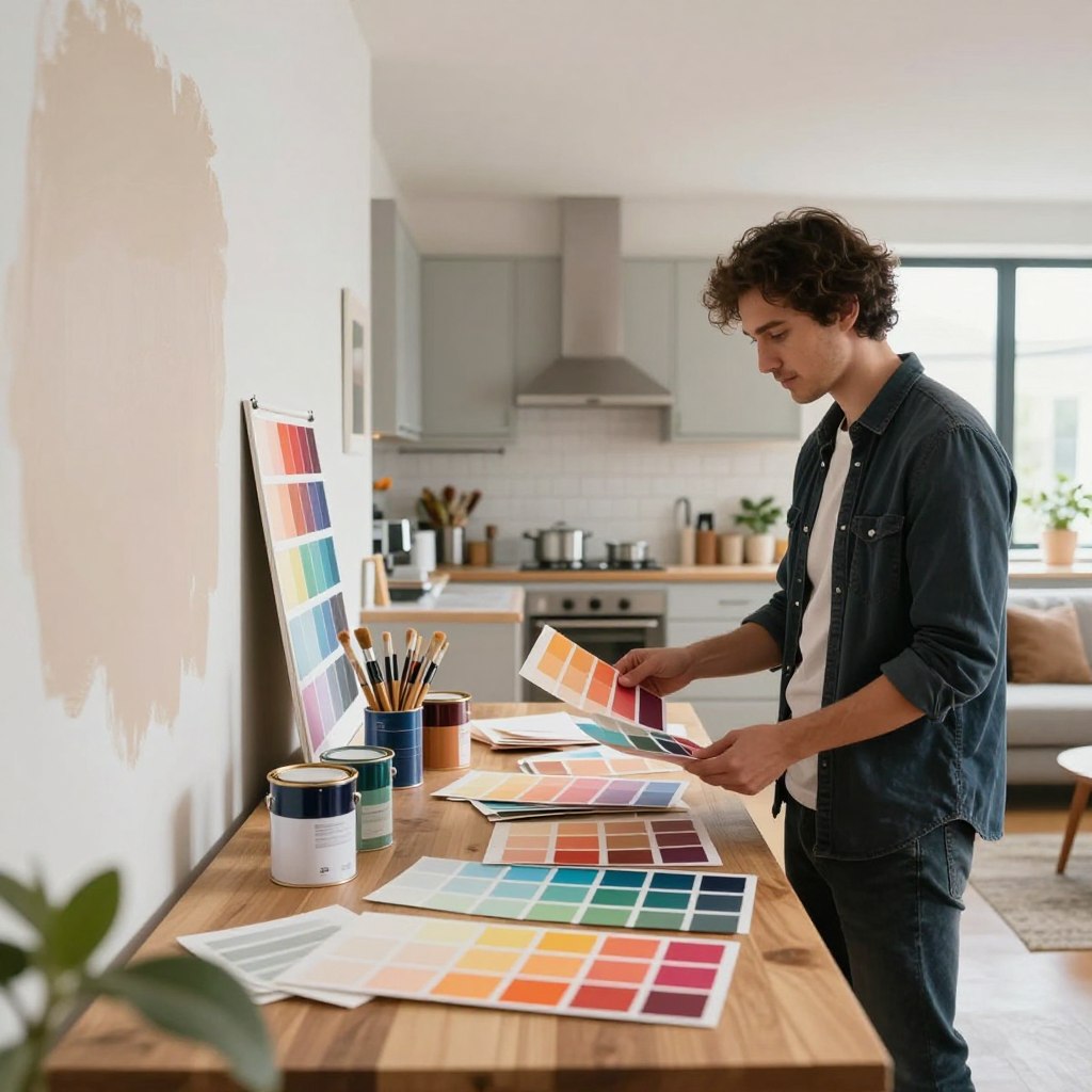 A well-lit interior space showcasing an open-concept living and kitchen area, featuring a long wooden table covered with vibrant paint samples. In the foreground, a designer in smart casual attire is examining color swatches, holding a few samples against a partially painted wall, which has soft neutral tones. In the middle, there are various paint cans and brushes arranged neatly, with a mood board displaying different color schemes. The background shows a stylish kitchen with modern appliances and large windows, allowing natural light to flood the space, creating an inviting atmosphere. The overall mood is creative and professional, emphasizing a thoughtful approach to selecting colors for open living areas. The perspective is slightly angled to capture both the designer's focused expression and the beauty of the space. A well-lit interior space showcasing an open-concept living and kitchen area, featuring a long wooden table covered with vibrant paint samples. In the foreground, a designer in smart casual attire is examining color swatches, holding a few samples against a partially painted wall, which has soft neutral tones. In the middle, there are various paint cans and brushes arranged neatly, with a mood board displaying different color schemes. The background shows a stylish kitchen with modern appliances and large windows, allowing natural light to flood the space, creating an inviting atmosphere. The overall mood is creative and professional, emphasizing a thoughtful approach to selecting colors for open living areas. The perspective is slightly angled to capture both the designer's focused expression and the beauty of the space.