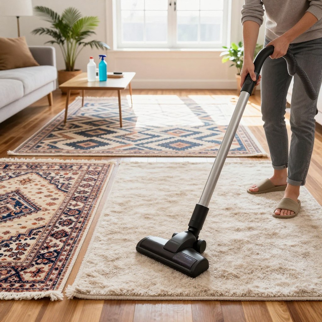 A well-lit living room scene showcasing a variety of rugs being cared for and maintained. In the foreground, a person in casual, modest clothing is gently vacuuming a plush area rug, using a high-quality vacuum cleaner with a modern design. The middle layer features an assortment of different rugs - a faded Persian, a contemporary geometric pattern, and a natural fiber rug, all arranged on a polished hardwood floor. In the background, a bright window allows sunlight to stream in, illuminating the room and casting soft shadows. The atmosphere is calm and welcoming, with potted plants and a simple coffee table adorned with cleaning supplies, creating a practical yet stylish setting for rug maintenance. A well-lit living room scene showcasing a variety of rugs being cared for and maintained. In the foreground, a person in casual, modest clothing is gently vacuuming a plush area rug, using a high-quality vacuum cleaner with a modern design. The middle layer features an assortment of different rugs - a faded Persian, a contemporary geometric pattern, and a natural fiber rug, all arranged on a polished hardwood floor. In the background, a bright window allows sunlight to stream in, illuminating the room and casting soft shadows. The atmosphere is calm and welcoming, with potted plants and a simple coffee table adorned with cleaning supplies, creating a practical yet stylish setting for rug maintenance.