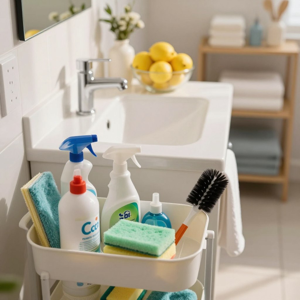 A well-organized bathroom cleaning scene focusing on effective cleaning tips. In the foreground, showcase a neatly arranged cleaning caddy containing eco-friendly cleaning products, sponges, and a brush, all illuminated by warm, natural light. The middle layer features a sparkling clean sink and countertop, highlighting a gleaming faucet and a bowl of fresh lemons symbolizing natural freshness. In the background, soft-focus shelves display neatly stacked towels and cleaning tools, adding depth. The atmosphere conveys a sense of calm and cleanliness, suggesting a fresh start. Use a wide-angle lens to capture the entire scene with a slight top-down perspective, ensuring the space looks inviting and professional. A well-organized bathroom cleaning scene focusing on effective cleaning tips. In the foreground, showcase a neatly arranged cleaning caddy containing eco-friendly cleaning products, sponges, and a brush, all illuminated by warm, natural light. The middle layer features a sparkling clean sink and countertop, highlighting a gleaming faucet and a bowl of fresh lemons symbolizing natural freshness. In the background, soft-focus shelves display neatly stacked towels and cleaning tools, adding depth. The atmosphere conveys a sense of calm and cleanliness, suggesting a fresh start. Use a wide-angle lens to capture the entire scene with a slight top-down perspective, ensuring the space looks inviting and professional.
