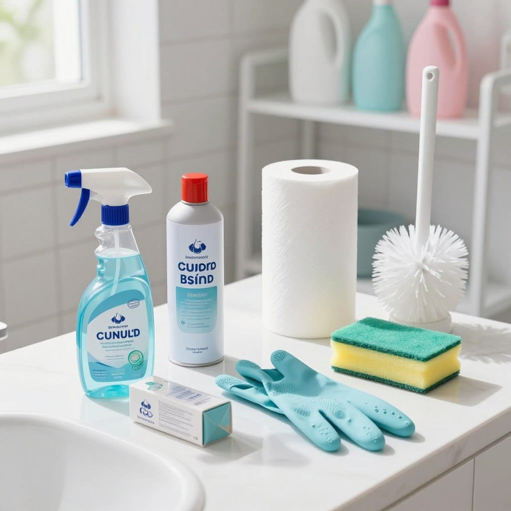 A well-organized bathroom cleaning supplies setup on a bright, clean tiled surface. In the foreground, a spray bottle of disinfectant, a canister of multi-surface cleaner, a box of gloves, and a sponge with bright colors. In the middle ground, a roll of paper towels and a toilet brush stand out. The background features a neatly arranged shelf holding additional cleaning products, all in soft pastel colors to convey cleanliness. Natural light streams in through a nearby window, casting gentle shadows. The atmosphere feels fresh and inviting, highlighting the importance of hygiene. The angle is slightly elevated, providing a clear view of the supplies while evoking a sense of order and readiness for cleaning tasks.