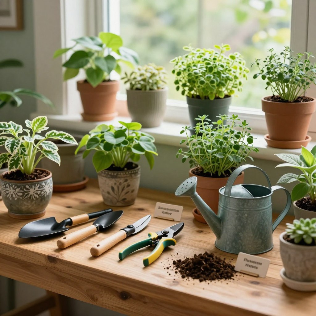 A well-organized indoor gardening workspace, featuring an array of essential tools such as a small trowel, pruning shears, a watering can, soil scoop, and plant labels, all meticulously arranged on a wooden potting bench. The foreground highlights the tools glistening under soft, natural light, contributing to a warm, inviting atmosphere. In the middle, lush green plants in decorative pots surround the bench, showcasing variety in leaf shapes and colors, while a few potted herbs add a hint of freshness. The background features a window allowing sunlight to stream in, enhancing the overall vibrant ambiance of the indoor garden. The composition invites a sense of tranquility and encourages a passion for plant care, making it an ideal visual for indoor gardening enthusiasts. A well-organized indoor gardening workspace, featuring an array of essential tools such as a small trowel, pruning shears, a watering can, soil scoop, and plant labels, all meticulously arranged on a wooden potting bench. The foreground highlights the tools glistening under soft, natural light, contributing to a warm, inviting atmosphere. In the middle, lush green plants in decorative pots surround the bench, showcasing variety in leaf shapes and colors, while a few potted herbs add a hint of freshness. The background features a window allowing sunlight to stream in, enhancing the overall vibrant ambiance of the indoor garden. The composition invites a sense of tranquility and encourages a passion for plant care, making it an ideal visual for indoor gardening enthusiasts.