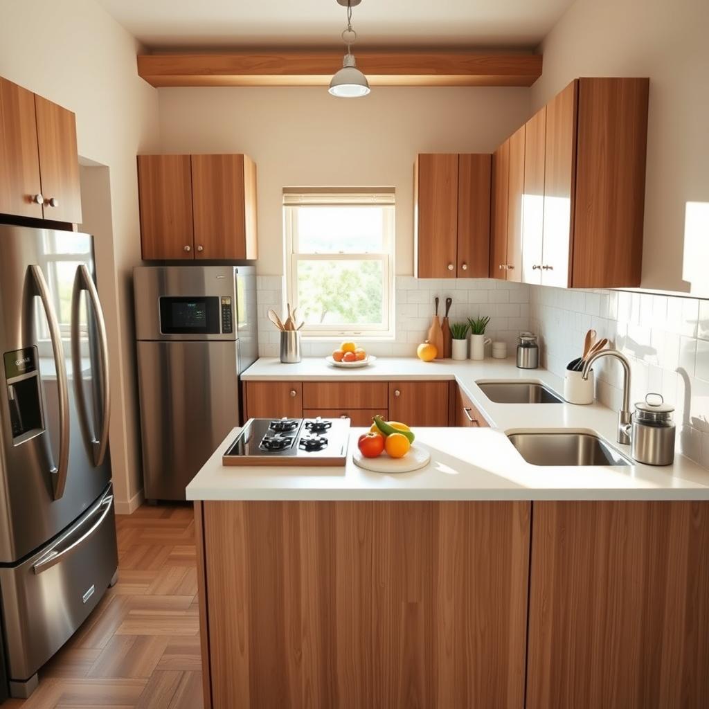 A well-organized kitchen layout illustrating the kitchen work triangle concept. The foreground features a modern kitchen with sleek appliances, including a refrigerator, stove, and sink arranged in a triangular formation to enhance efficiency. In the middle, a clean countertop displays cooking utensils and fresh vegetables, emphasizing usability. The background showcases stylish cabinetry and bright, natural lighting streaming through a window, creating a welcoming atmosphere. Use a wide-angle lens to capture the spacious design, conveying a sense of harmony and balance. The color palette is warm and inviting, with earthy tones and pops of color from kitchen accessories. The overall mood reflects a functional yet aesthetic small kitchen, ideal for maximizing space and minimizing costly mistakes in remodeling. A well-organized kitchen layout illustrating the kitchen work triangle concept. The foreground features a modern kitchen with sleek appliances, including a refrigerator, stove, and sink arranged in a triangular formation to enhance efficiency. In the middle, a clean countertop displays cooking utensils and fresh vegetables, emphasizing usability. The background showcases stylish cabinetry and bright, natural lighting streaming through a window, creating a welcoming atmosphere. Use a wide-angle lens to capture the spacious design, conveying a sense of harmony and balance. The color palette is warm and inviting, with earthy tones and pops of color from kitchen accessories. The overall mood reflects a functional yet aesthetic small kitchen, ideal for maximizing space and minimizing costly mistakes in remodeling.