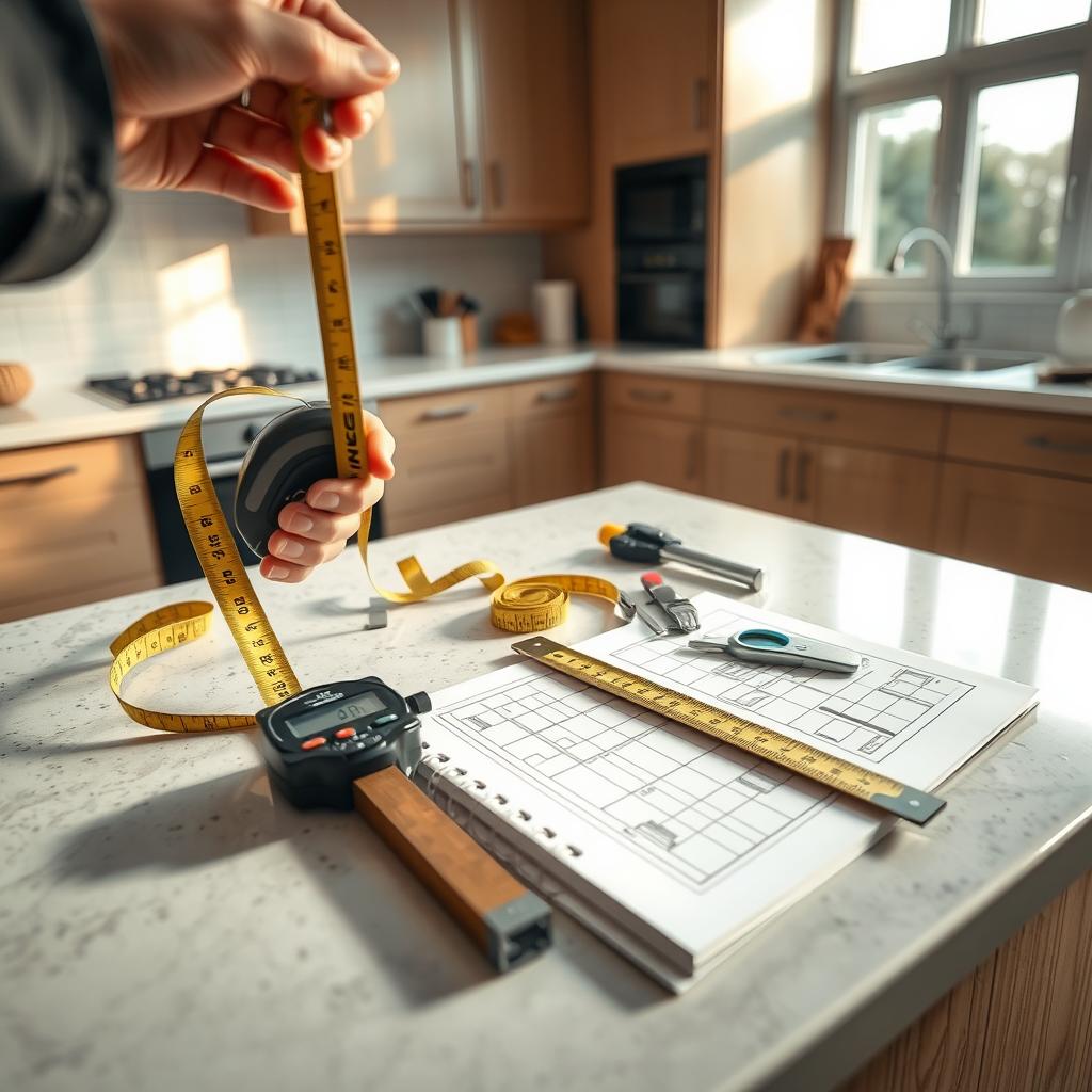 A well-organized kitchen scene displaying a variety of cabinet measurement tools, including a tape measure, digital caliper, and square on a stylish countertop. In the foreground, a hand in a professional outfit holds a tape measure, while a notepad with sketches of kitchen layouts rests nearby. The middle ground features an array of tools, illuminated by soft, natural light from a nearby window, creating a warm and inviting atmosphere. The background showcases a modern kitchen with sleek cabinets and a bright, airy design. Angle the shot slightly from above to capture the tools' details and the kitchen's aesthetic, evoking a sense of precision and planning, suitable for transforming a cooking space. A well-organized kitchen scene displaying a variety of cabinet measurement tools, including a tape measure, digital caliper, and square on a stylish countertop. In the foreground, a hand in a professional outfit holds a tape measure, while a notepad with sketches of kitchen layouts rests nearby. The middle ground features an array of tools, illuminated by soft, natural light from a nearby window, creating a warm and inviting atmosphere. The background showcases a modern kitchen with sleek cabinets and a bright, airy design. Angle the shot slightly from above to capture the tools' details and the kitchen's aesthetic, evoking a sense of precision and planning, suitable for transforming a cooking space.