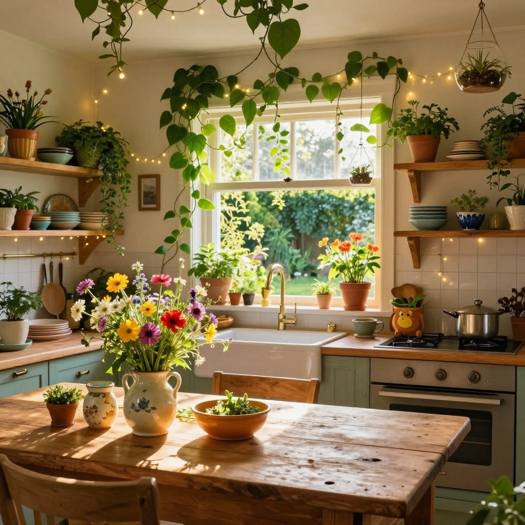 A whimsical kitchen beautifully blending nature's magic indoors. In the foreground, a rustic wooden table adorned with vibrant wildflowers in vintage ceramic vases. The middle features cheerful open shelves filled with colorful ceramic dishes, playful plant pots with herbs, and tiny hanging terrariums. In the background, an airy window floods the scene with warm, golden sunlight, revealing a lush garden outside. Bright green vines gracefully drape from the ceiling, while whimsical fairy lights twinkle softly, enhancing the magical atmosphere. The overall mood is inviting and enchanting, evoking a sense of creativity and joy in cooking. Image captured with a wide-angle lens to encompass the entire scene, showcasing an idyllic, dreamlike kitchen environment. A whimsical kitchen beautifully blending nature's magic indoors. In the foreground, a rustic wooden table adorned with vibrant wildflowers in vintage ceramic vases. The middle features cheerful open shelves filled with colorful ceramic dishes, playful plant pots with herbs, and tiny hanging terrariums. In the background, an airy window floods the scene with warm, golden sunlight, revealing a lush garden outside. Bright green vines gracefully drape from the ceiling, while whimsical fairy lights twinkle softly, enhancing the magical atmosphere. The overall mood is inviting and enchanting, evoking a sense of creativity and joy in cooking. Image captured with a wide-angle lens to encompass the entire scene, showcasing an idyllic, dreamlike kitchen environment.