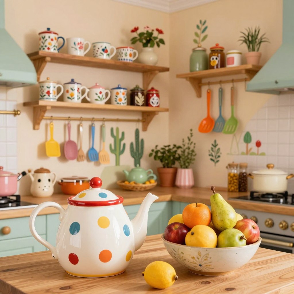 A whimsical kitchen decorated with quirky elements, showcasing a vibrant color scheme. In the foreground, a playful, oversized teapot with a polka dot pattern sits next to a fruit bowl filled with brightly colored faux fruits. The middle ground features eclectic open shelves adorned with vintage ceramic mugs, whimsical spice jars, and colorful kitchen utensils hanging in cheerful arrangements. The background showcases softly painted walls in pastel shades with a mural of whimsical kitchen plants. The scene is illuminated by warm, inviting lighting that creates a cozy atmosphere, capturing a magical essence. The shot is taken from a slightly elevated angle, adding depth to the enchanting kitchen decor while evoking a sense of wonder and creativity. A whimsical kitchen decorated with quirky elements, showcasing a vibrant color scheme. In the foreground, a playful, oversized teapot with a polka dot pattern sits next to a fruit bowl filled with brightly colored faux fruits. The middle ground features eclectic open shelves adorned with vintage ceramic mugs, whimsical spice jars, and colorful kitchen utensils hanging in cheerful arrangements. The background showcases softly painted walls in pastel shades with a mural of whimsical kitchen plants. The scene is illuminated by warm, inviting lighting that creates a cozy atmosphere, capturing a magical essence. The shot is taken from a slightly elevated angle, adding depth to the enchanting kitchen decor while evoking a sense of wonder and creativity.