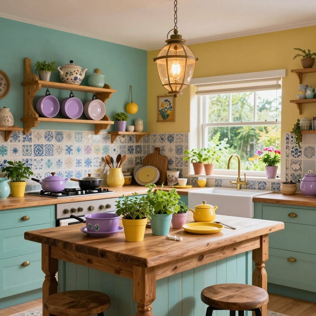 A whimsical kitchen filled with enchanting decor, featuring a vibrant color palette of teal, mustard yellow, and lavender. In the foreground, a rustic wooden island is adorned with whimsical cookware and fresh herbs in colorful pots. The middle ground showcases various themed sections: a fairy-tale inspired pot rack hanging above, whimsical tile patterns on the walls, and unique light fixtures resembling hanging lanterns, casting a warm glow. In the background, window views reveal a lush garden, enhancing the immersive atmosphere. Soft, natural lighting spills in, creating a magical yet inviting feel. The scene conveys a sense of creativity and joy, encouraging a culinary adventure.