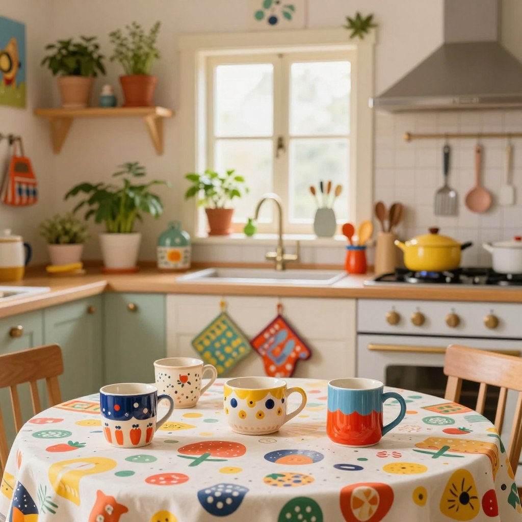 A whimsical kitchen scene filled with quirky decor elements that inspire joy and creativity. In the foreground, a colorful tablecloth adorned with playful patterns and mismatched ceramic mugs, adding charm and character. In the middle, vibrant oven mitts and pot holders hanging on the stove, complemented by a collection of eclectic kitchen gadgets displayed on open shelves, featuring bright colors and unique shapes. In the background, a charming kitchen window bathed in warm, natural light, surrounded by potted herbs and whimsical wall art. The atmosphere is lively and inviting, evoking a sense of playful magic in the cooking space. Use a soft focus lens effect to create a dreamy, enchanting ambiance, capturing the essence of a joyful culinary experience. A whimsical kitchen scene filled with quirky decor elements that inspire joy and creativity. In the foreground, a colorful tablecloth adorned with playful patterns and mismatched ceramic mugs, adding charm and character. In the middle, vibrant oven mitts and pot holders hanging on the stove, complemented by a collection of eclectic kitchen gadgets displayed on open shelves, featuring bright colors and unique shapes. In the background, a charming kitchen window bathed in warm, natural light, surrounded by potted herbs and whimsical wall art. The atmosphere is lively and inviting, evoking a sense of playful magic in the cooking space. Use a soft focus lens effect to create a dreamy, enchanting ambiance, capturing the essence of a joyful culinary experience.
